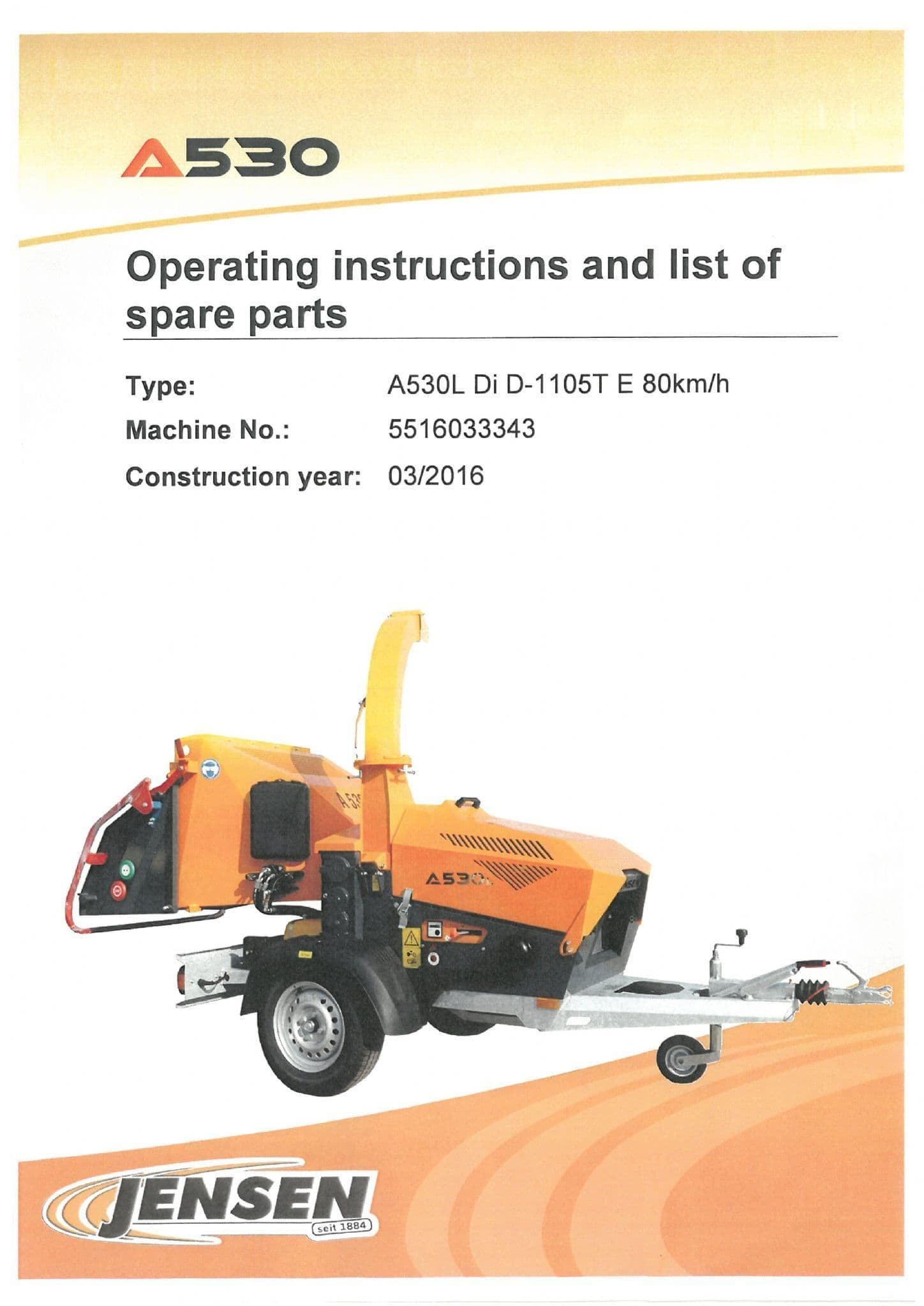 Jensen Wood Chipper A530L Operators & Parts Manual