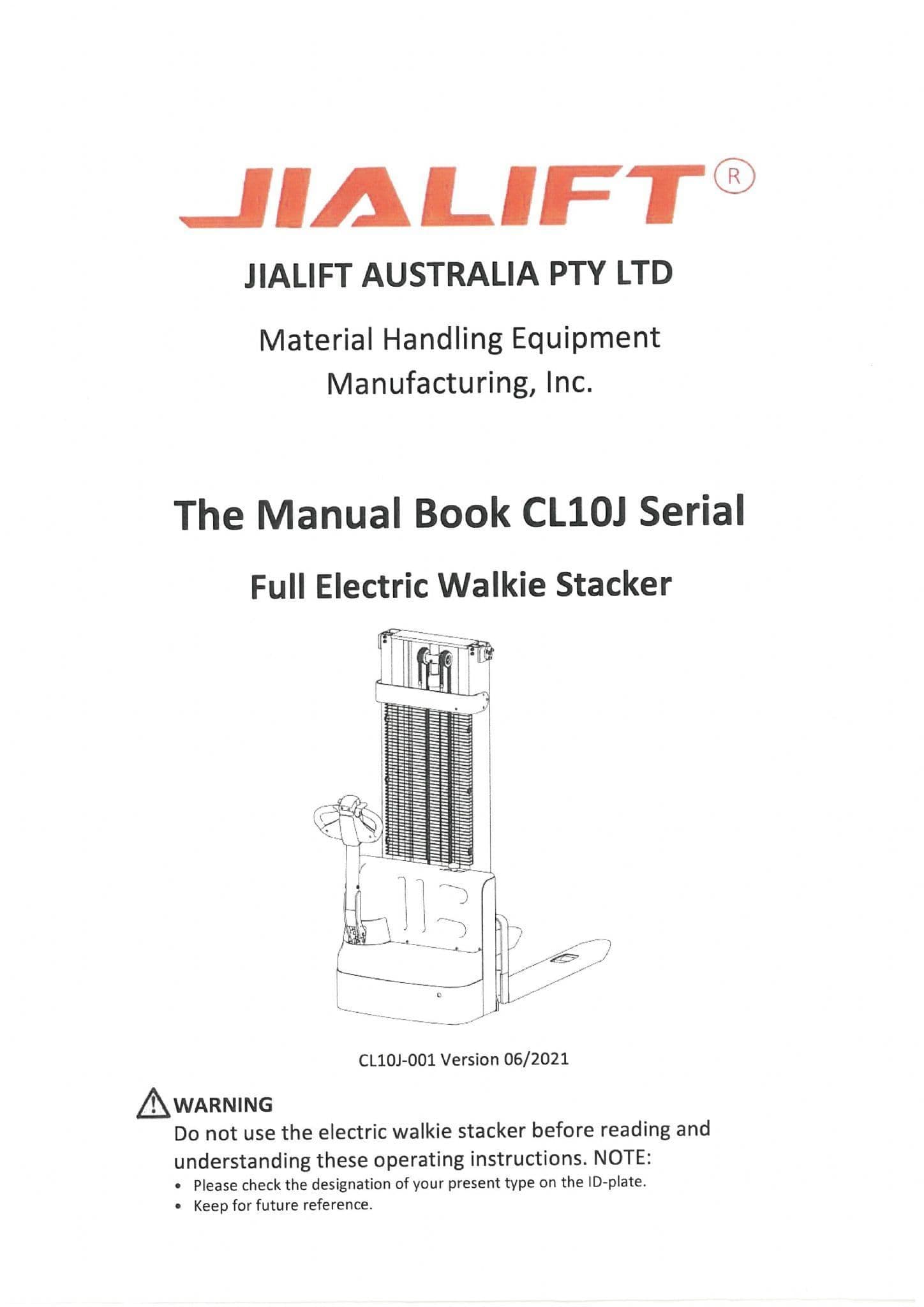 Jialift Full Electric Walkie Stacker CL10J Operators Manual