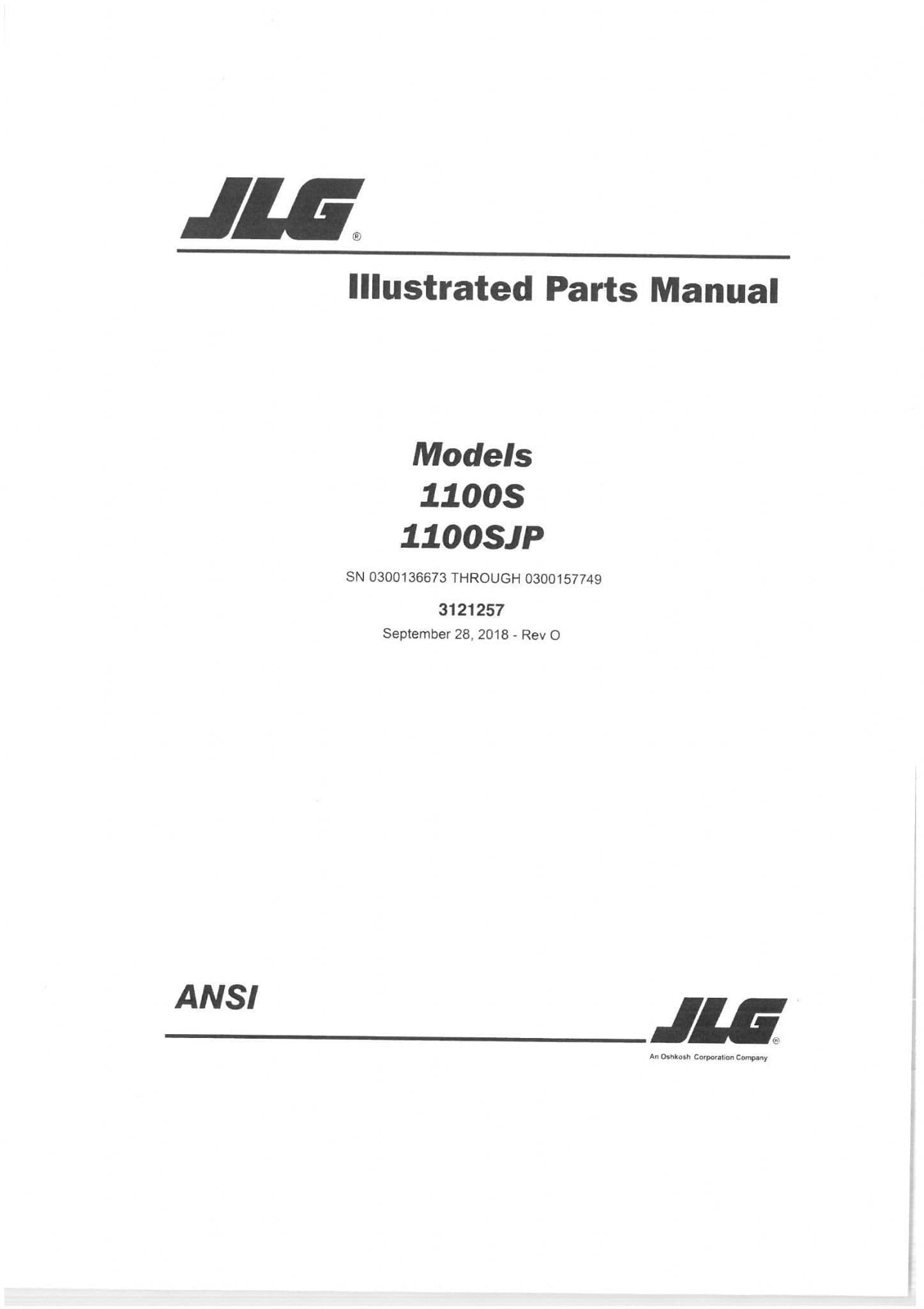 JLG Boom Lift 1100S 1100SJP Parts Manual