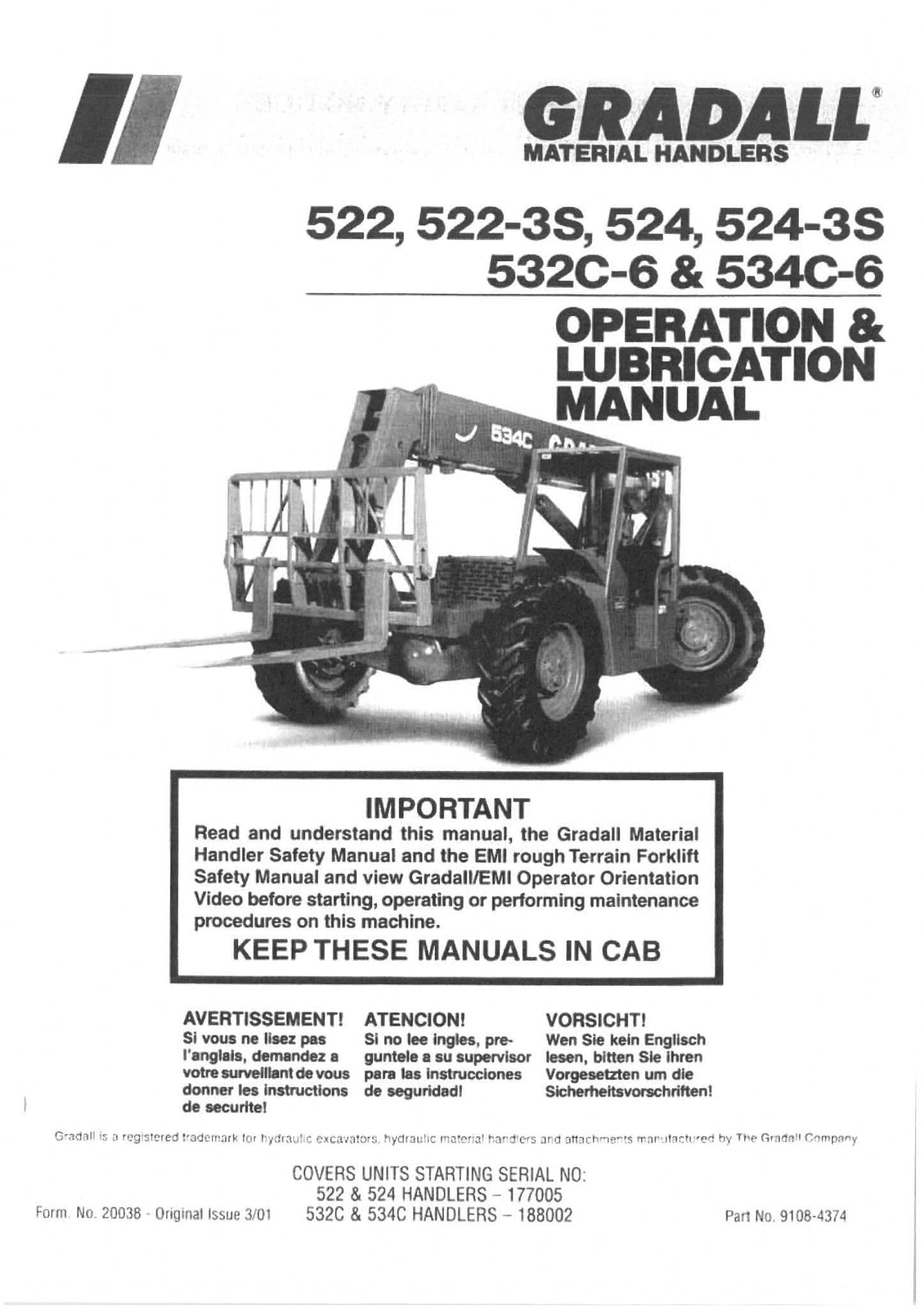 JLG Gradall Telehandler 522 522-3S 524 524-3S 532C-6 534C-6 Operators Manual