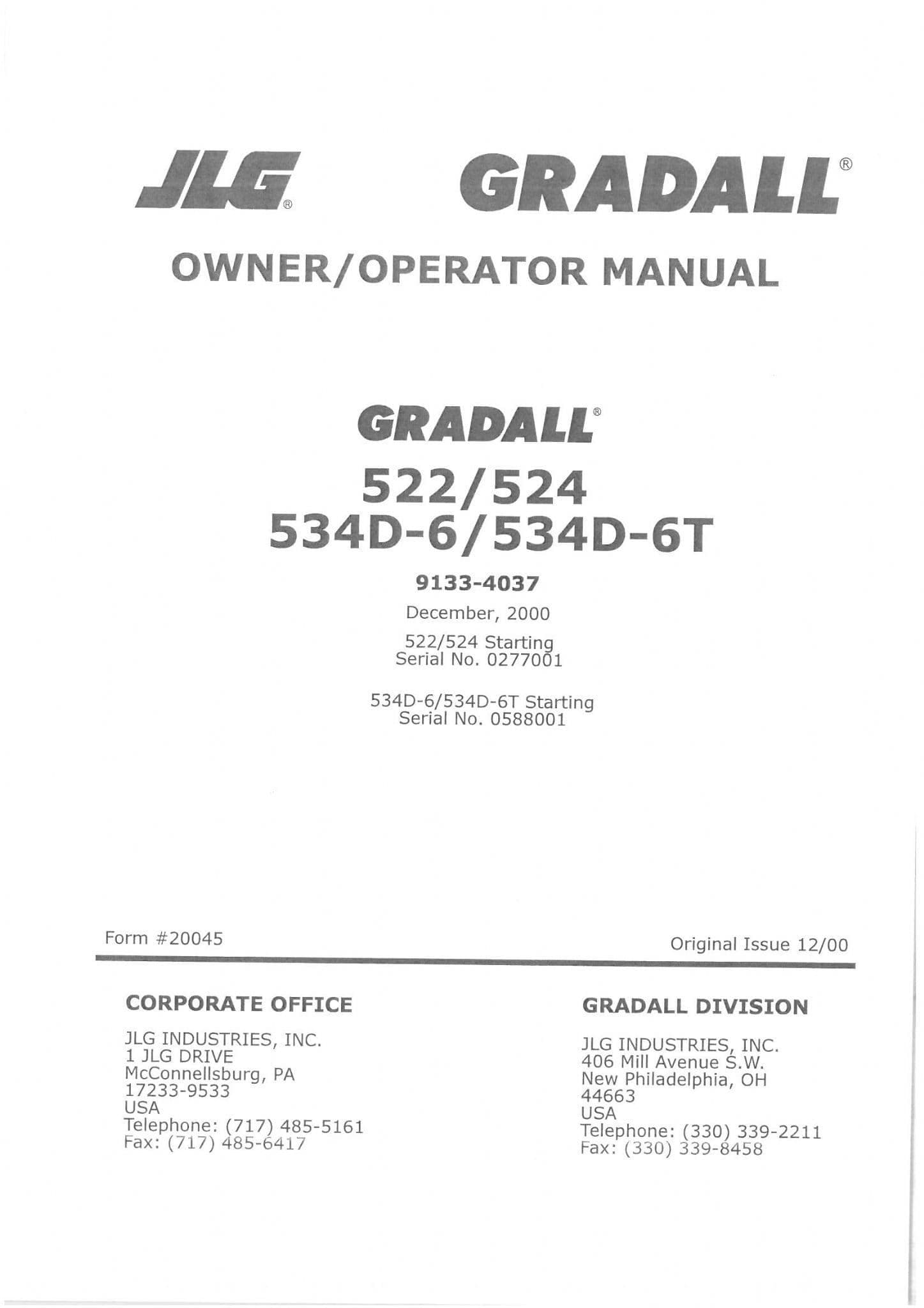JLG Gradall Telehandler 522 524 534D-6 534D-6T Operators Manual
