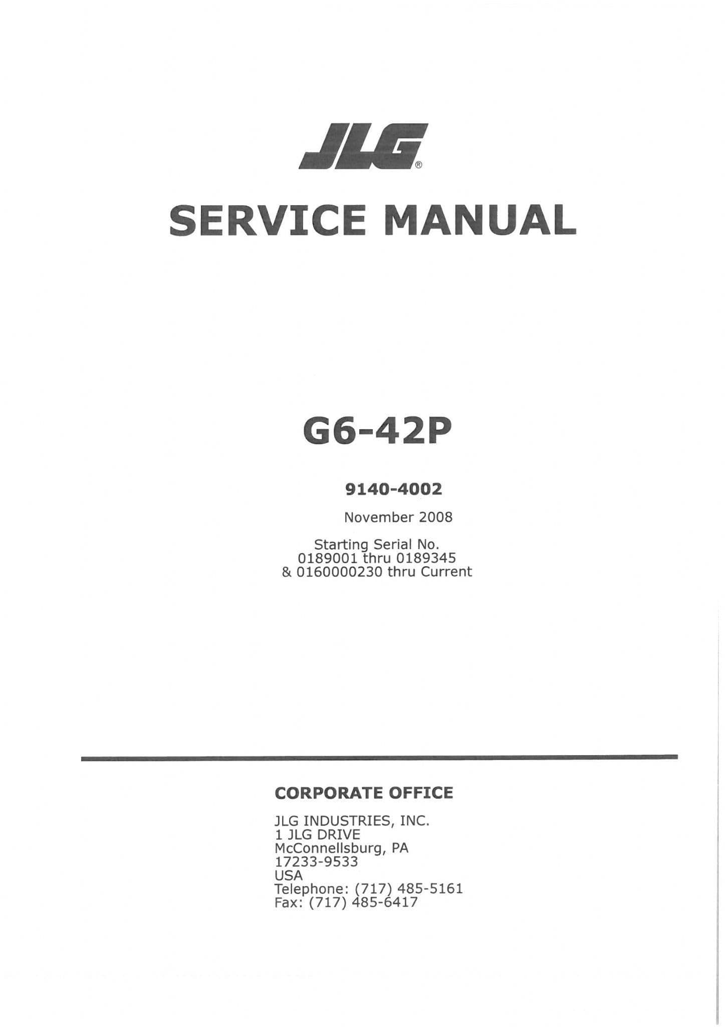 JLG Gradall Telehandler G6-42P Workshop Service Repair Manual