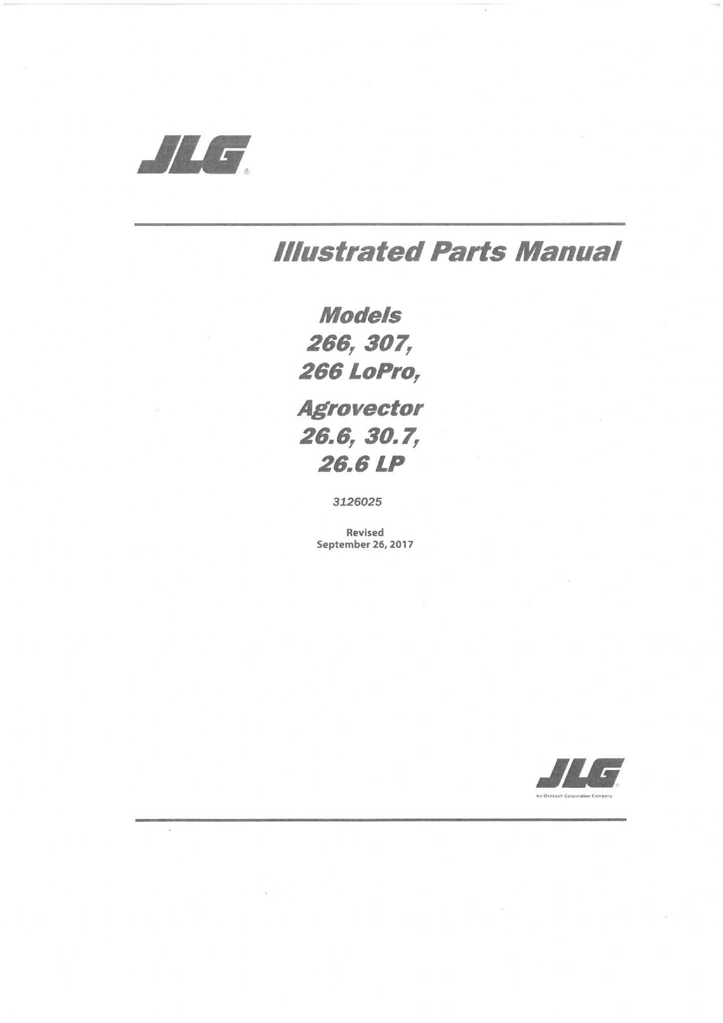 JLG Telehandler 266 307 266 LoPro & Deutz Agrovector 26.6 30.7 & 26.6LP Parts Manual
