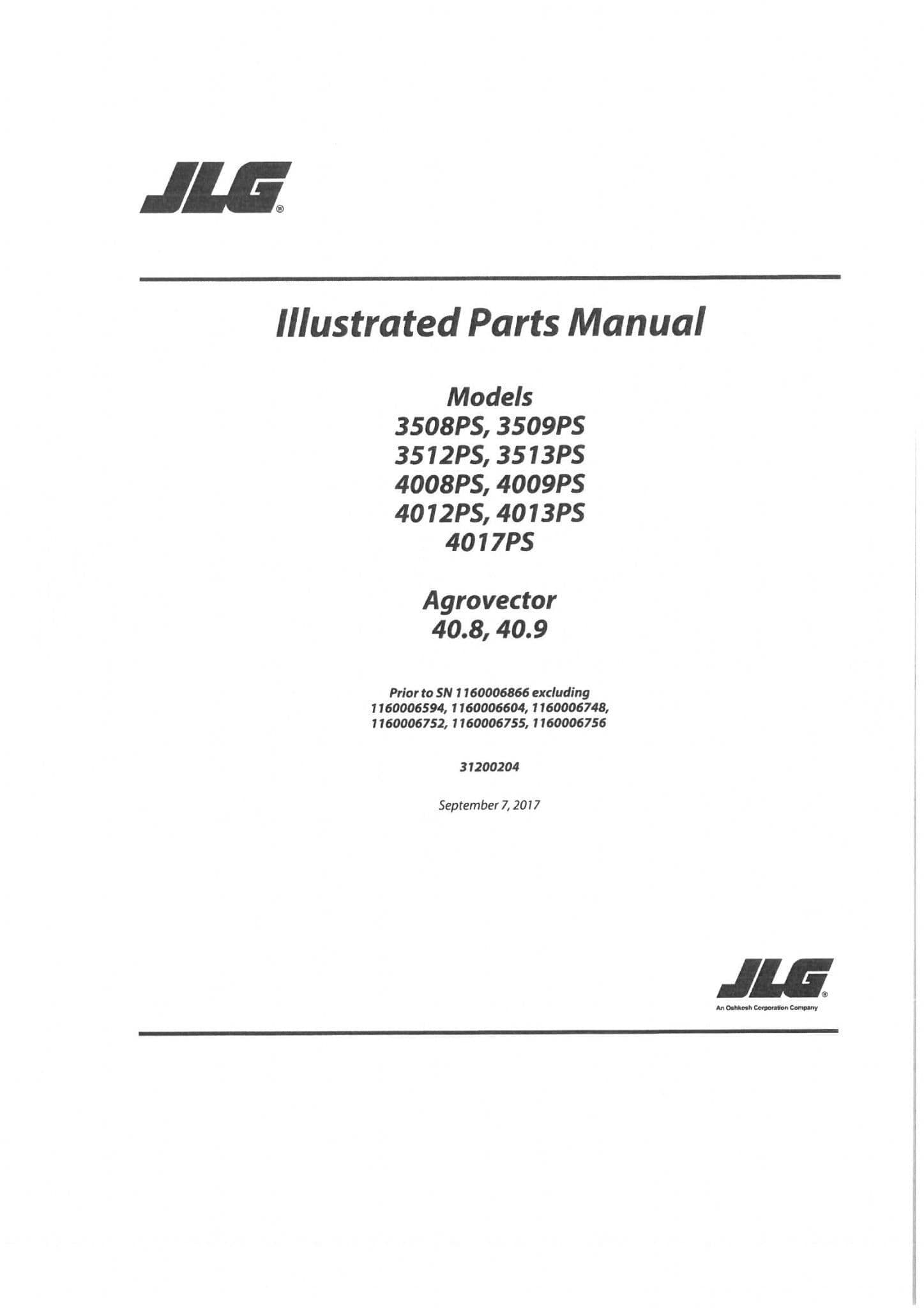JLG Telehandler 3508PS 3509PS 3512PS 3513PS, 4008PS, 4009PS, 4012PS, 4013PS, 4017PS Parts Manual