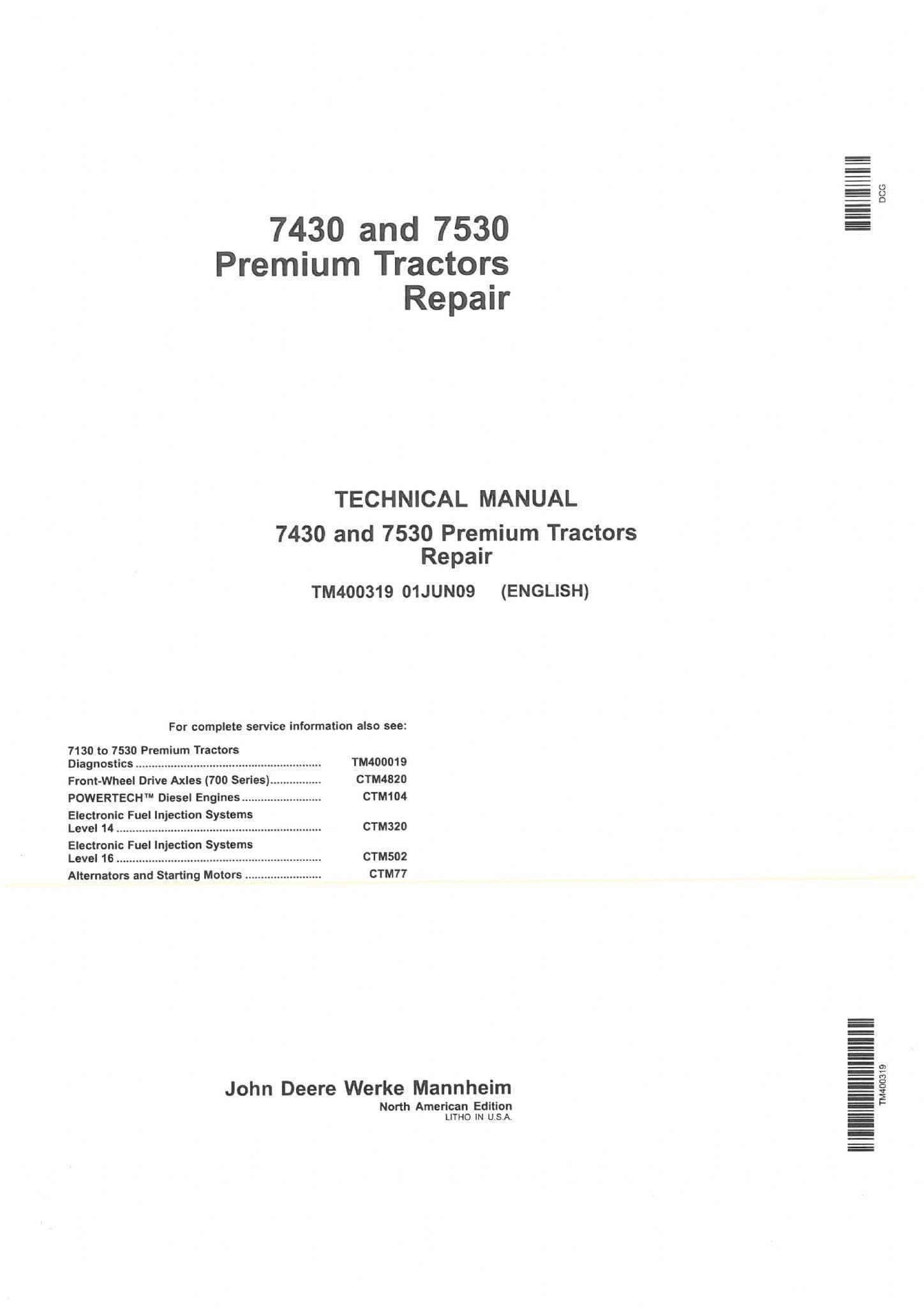 John Deere 7430 7530 Premium Tractors Technical Service Repair Manual