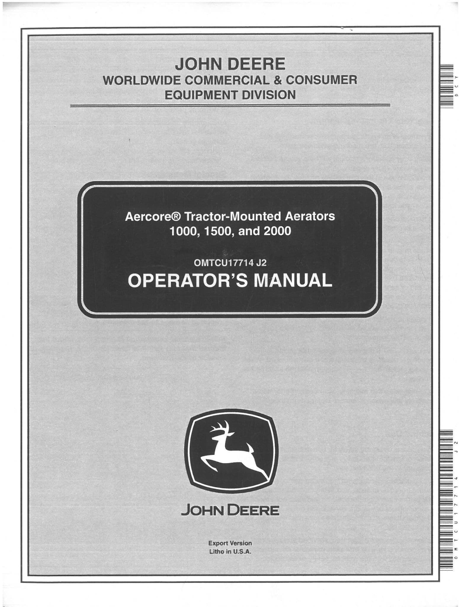 John Deere Aercore Tractor-Mounted Aerators 1000 1500 2000 Operators Manual