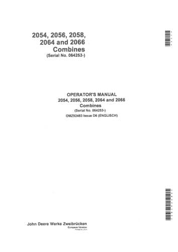 John Deere Combine 2054, 2056, 2058, 2064 & 2066 Operators Manual - OMZ92483
