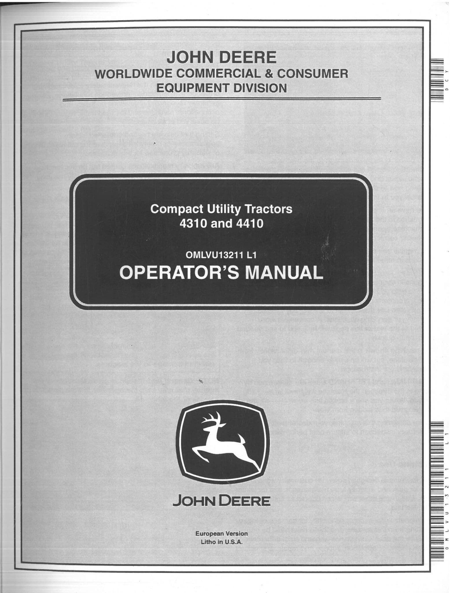 John Deere Compact Utility Tractor 4310 4410 Operators Manual