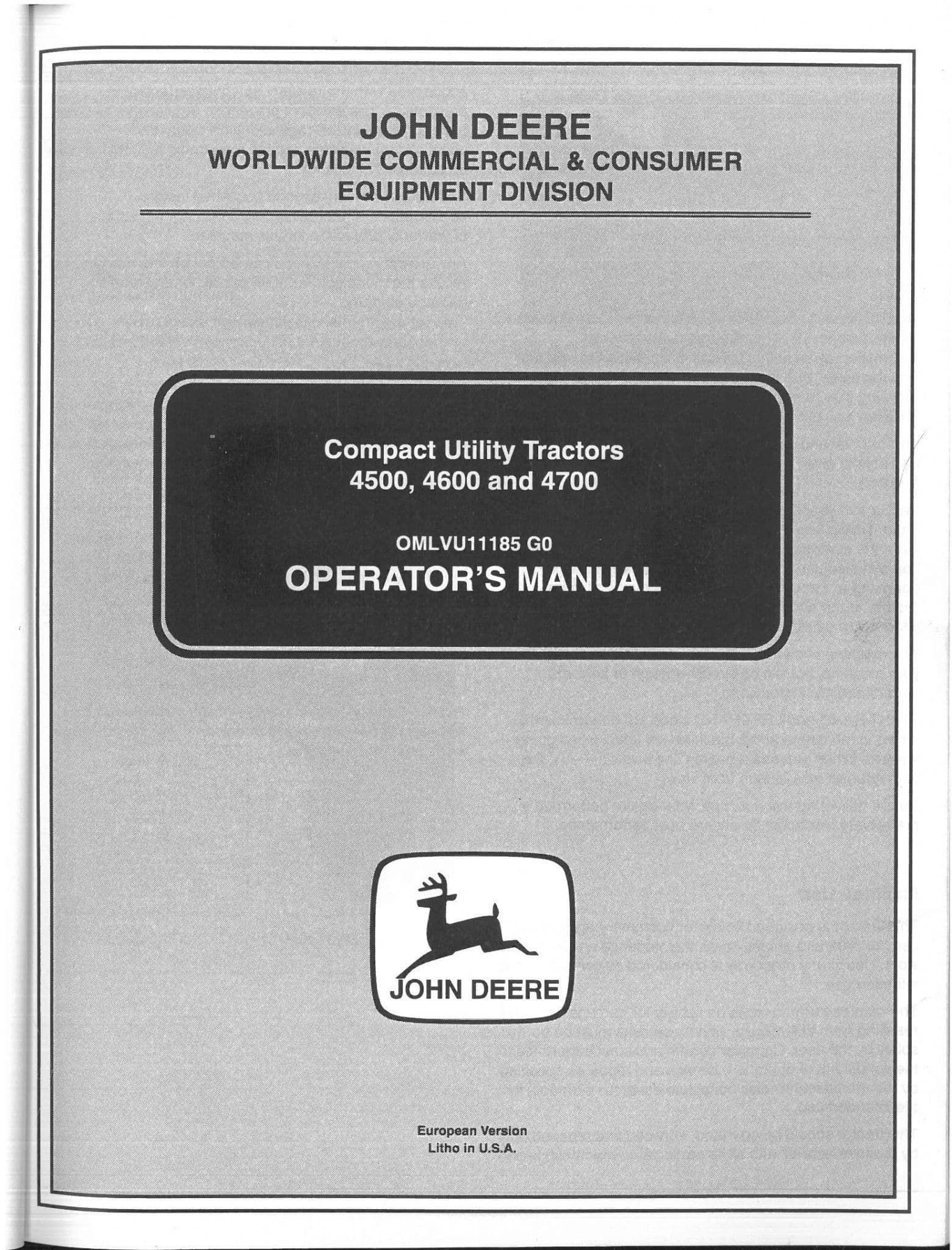 John Deere Compact Utility Tractor 4500 4600 4700 Operators Manual