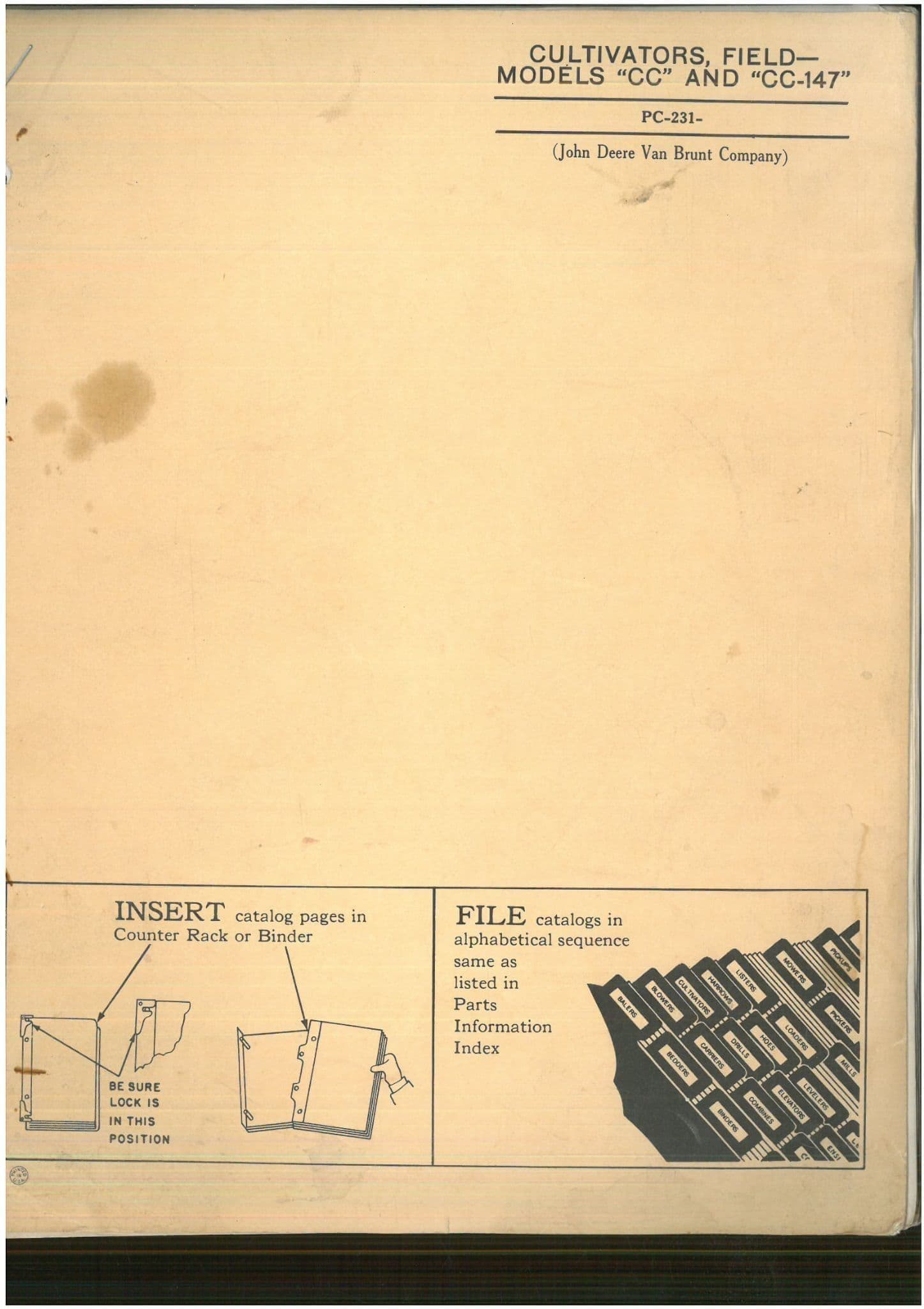 John Deere Cultivators Field Models 'CC 'CC-147' - PC231 Parts Manual