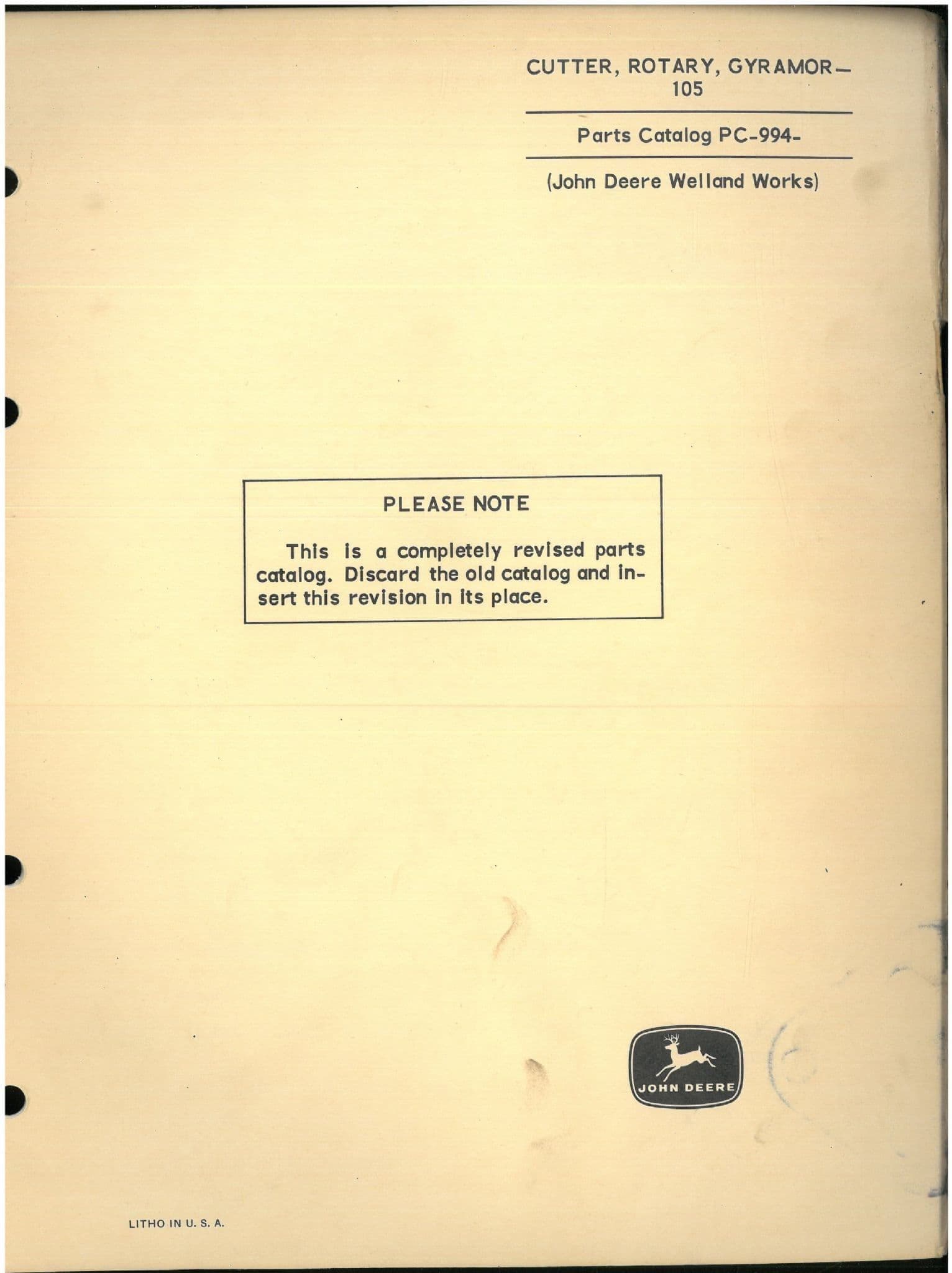 John Deere Cutter, Rotary Gyramor  105 Parts Manual