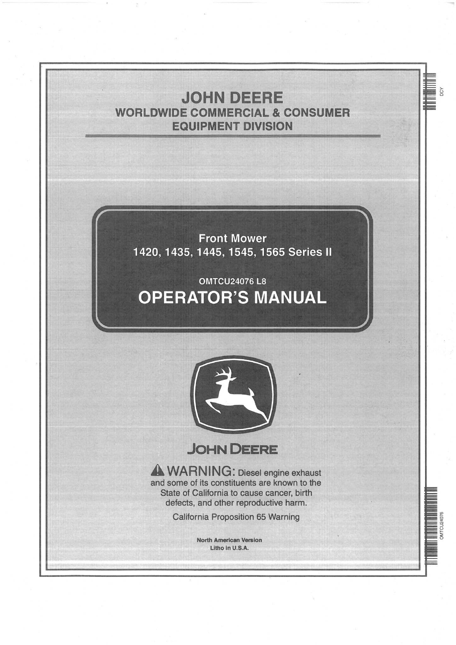 John Deere Front Mower 1420 1435 1445 1545 & 1565 Series II Operators Manual