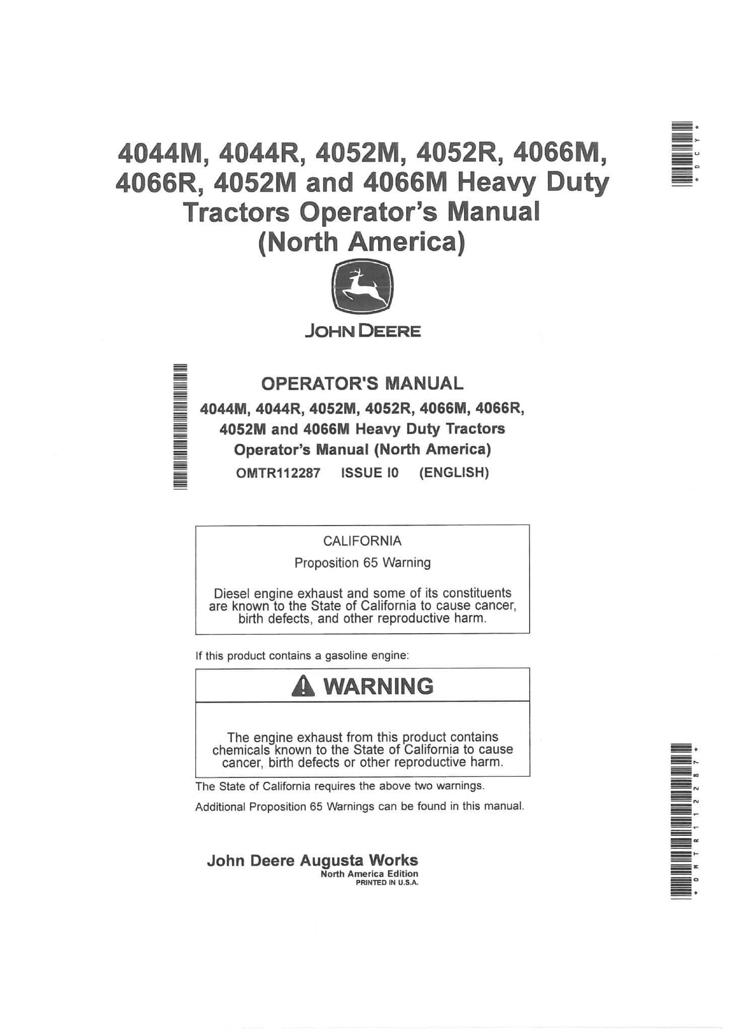 John Deere Heavy Duty Tractor 4044M 4044R 4052M 4052R 4066M 4066R 4052M 4066M Operators Manual