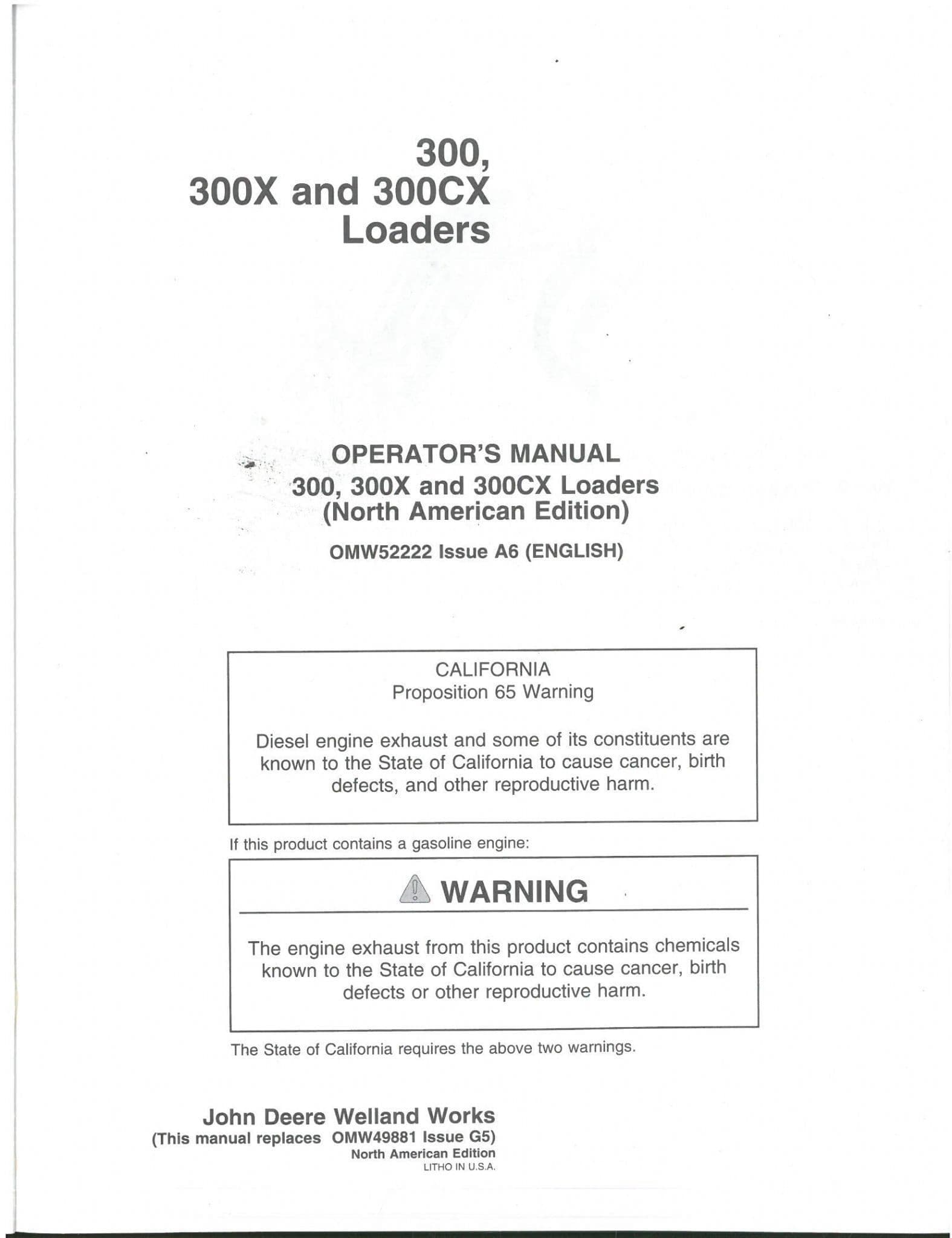 John Deere Loader 300 300X 300CX Operators Manual