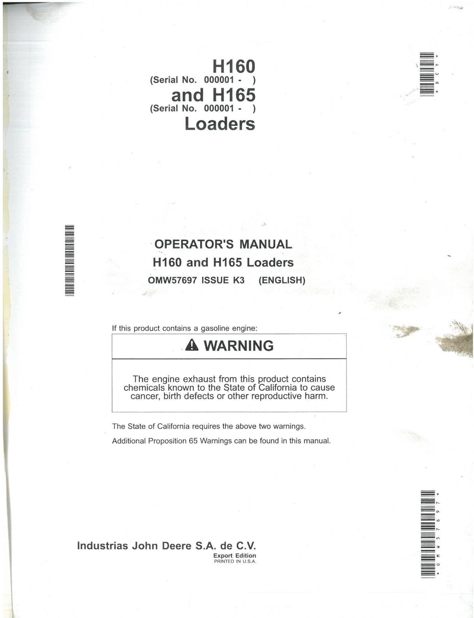 John Deere Loaders H160 H165 Operators Manual