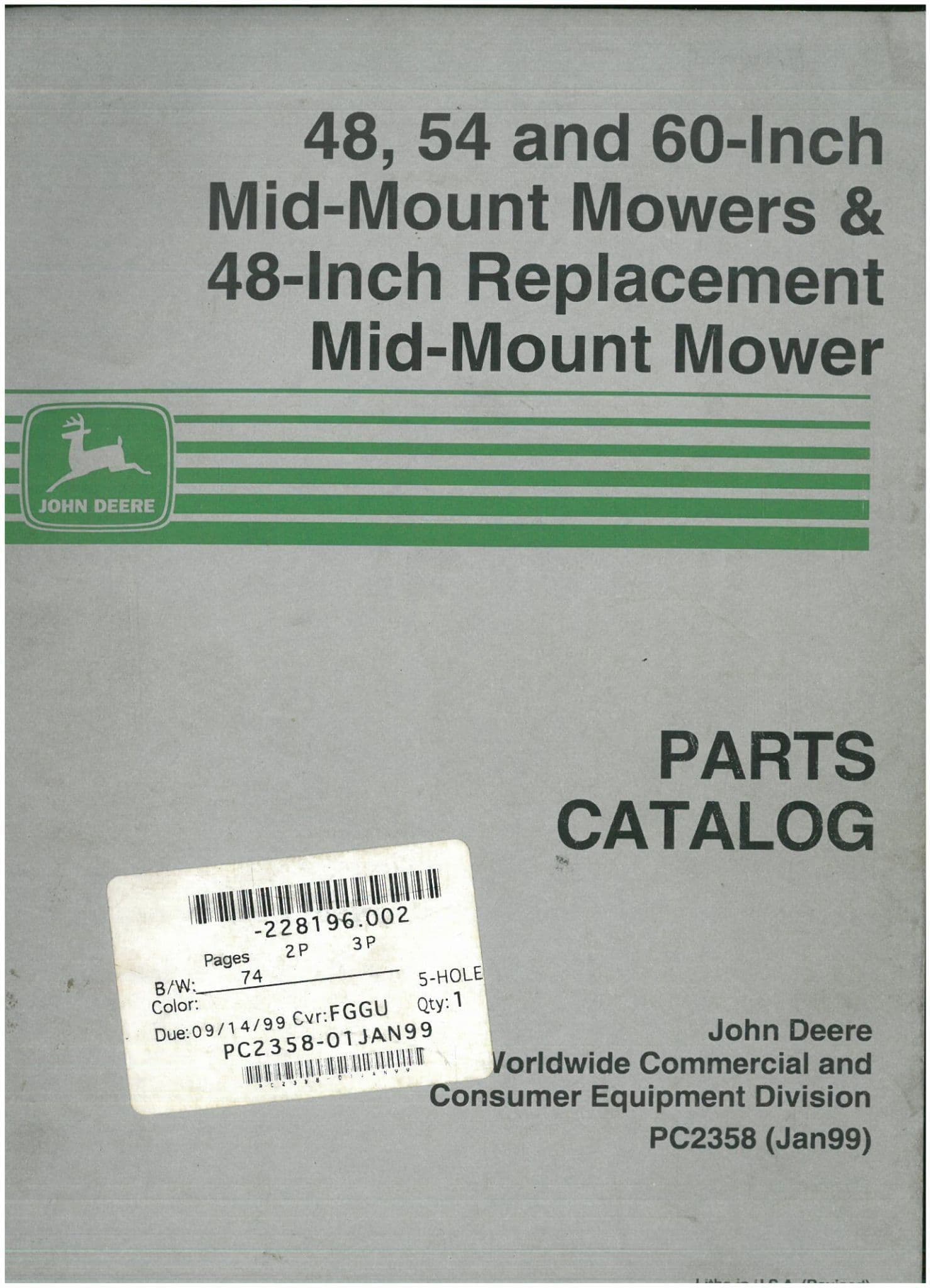 John Deere Mid Mount Mower 48" 54" and 60" Parts Manual