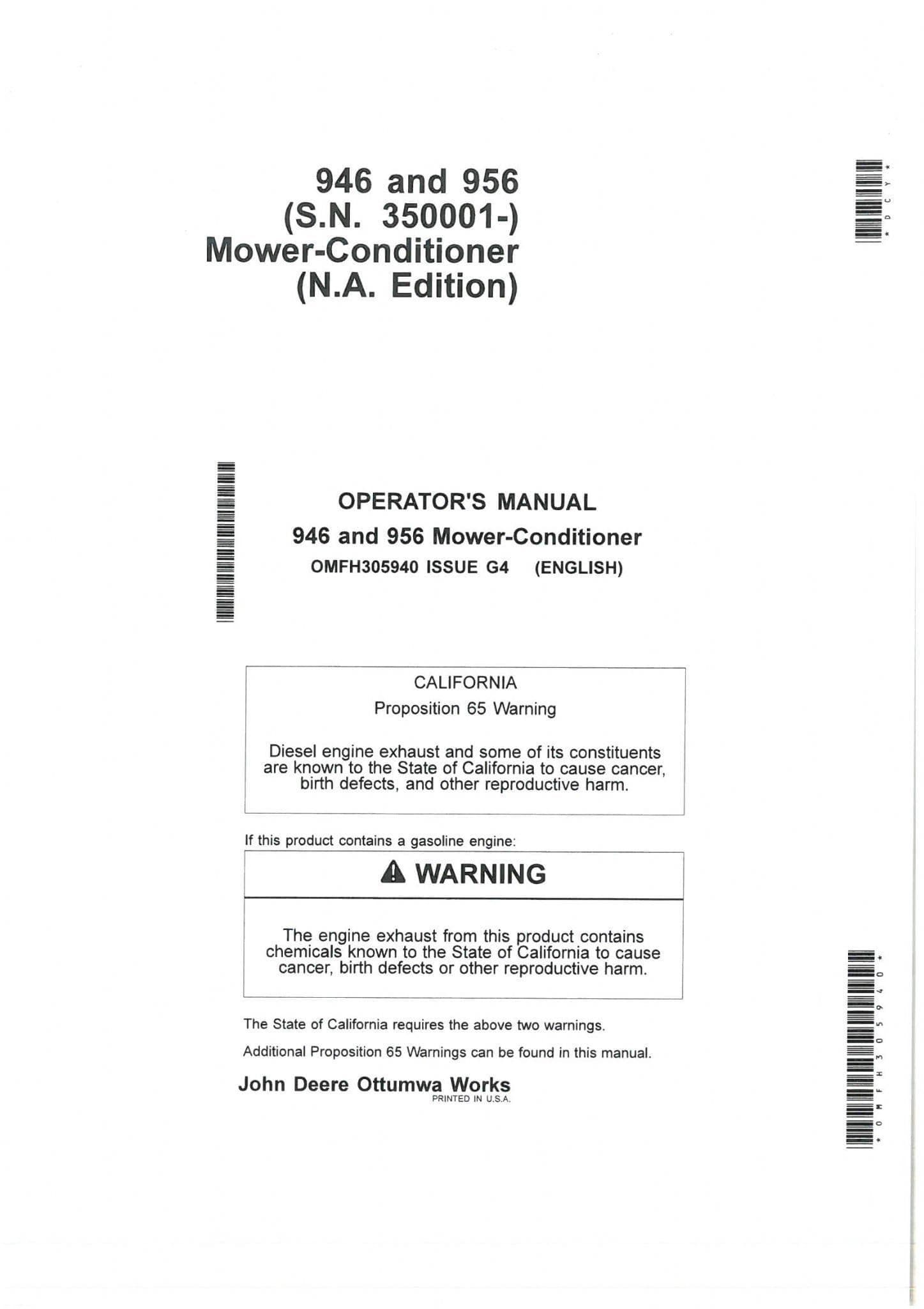 John Deere Mower Conditioner 946 & 956 Operators Manual