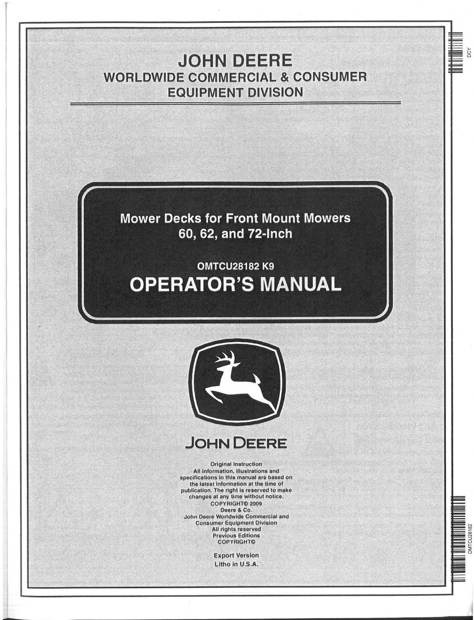 John Deere Mower Decks For Front Mount Mowers 60 62 & 72 Inch Operators Manual