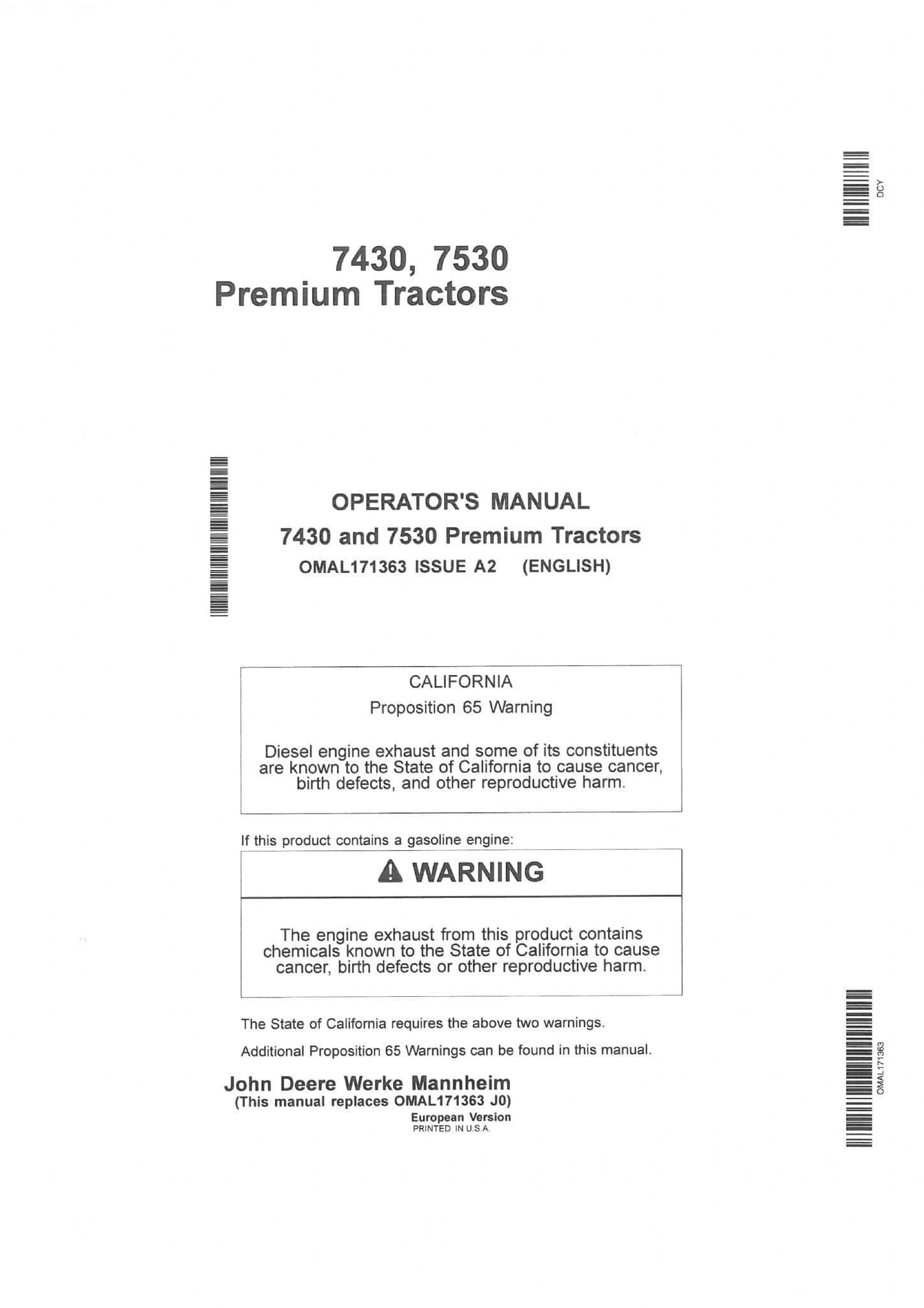 John Deere Premium Tractor 7430 & 7530 Operators Manual