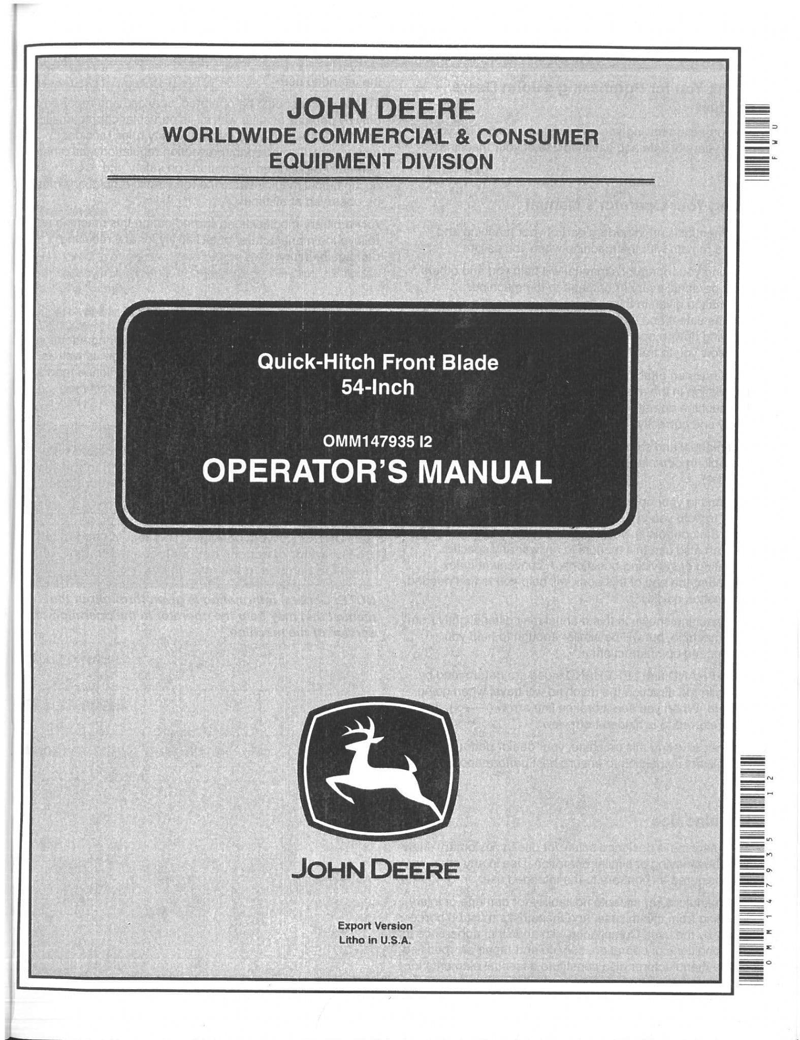 John Deere Quick Hitch Front Blade 54 Inch Operators Manual