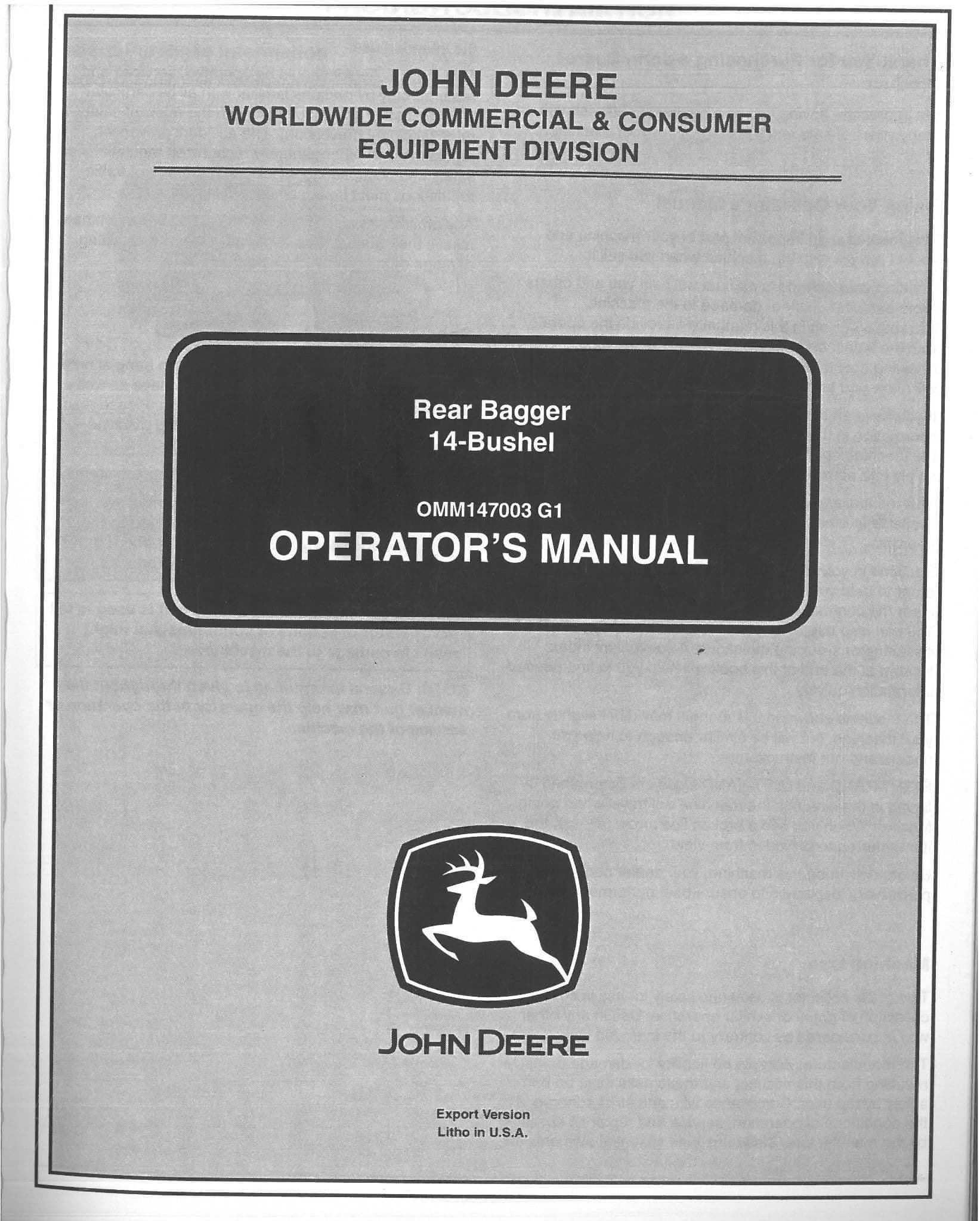 John Deere  Rear Bagger 14 Bushel Operators Manual