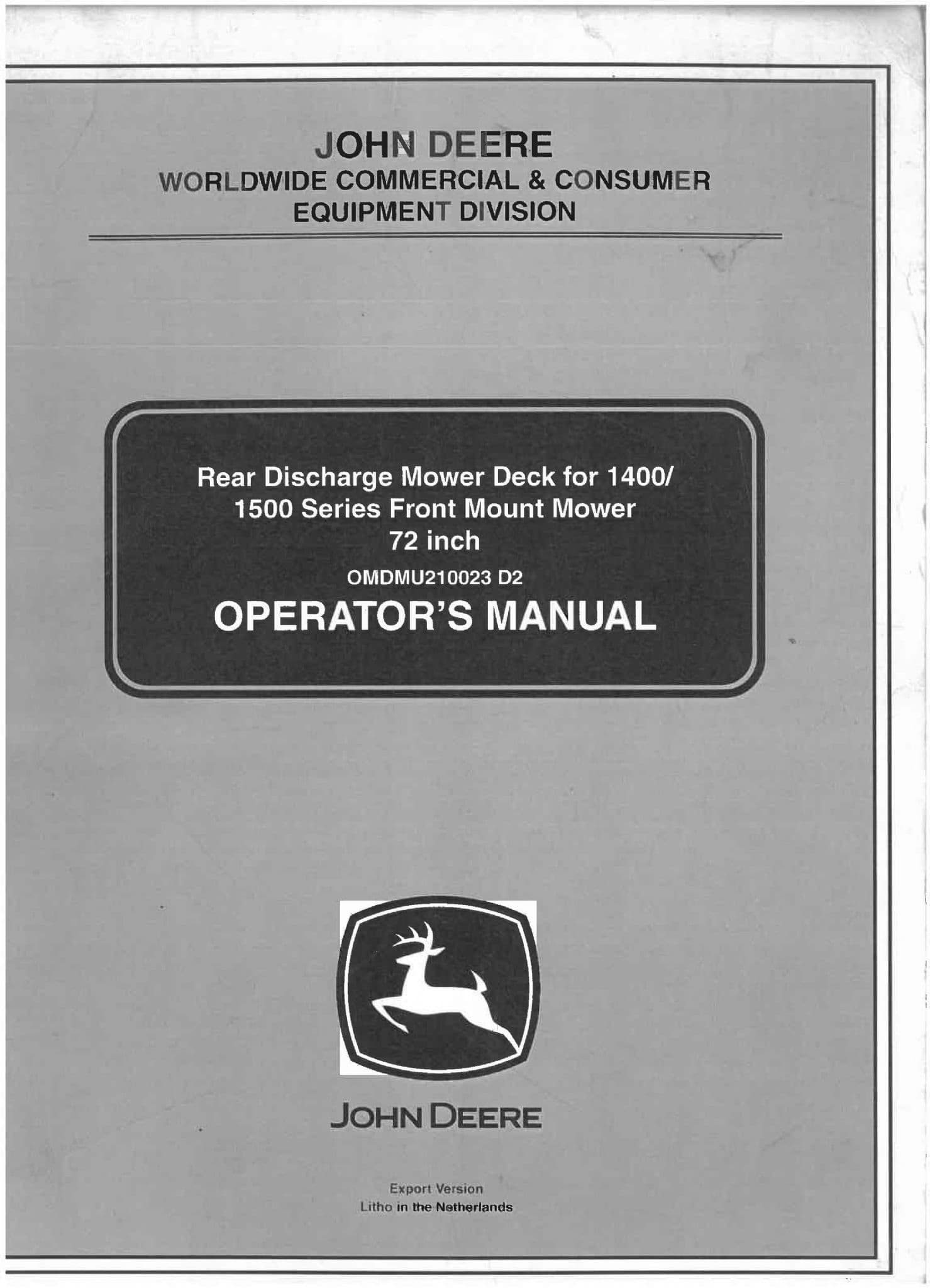 John Deere Rear Discharge Mower Deck for 1400/1500 Series Front Mounted 72in  Operators Manual