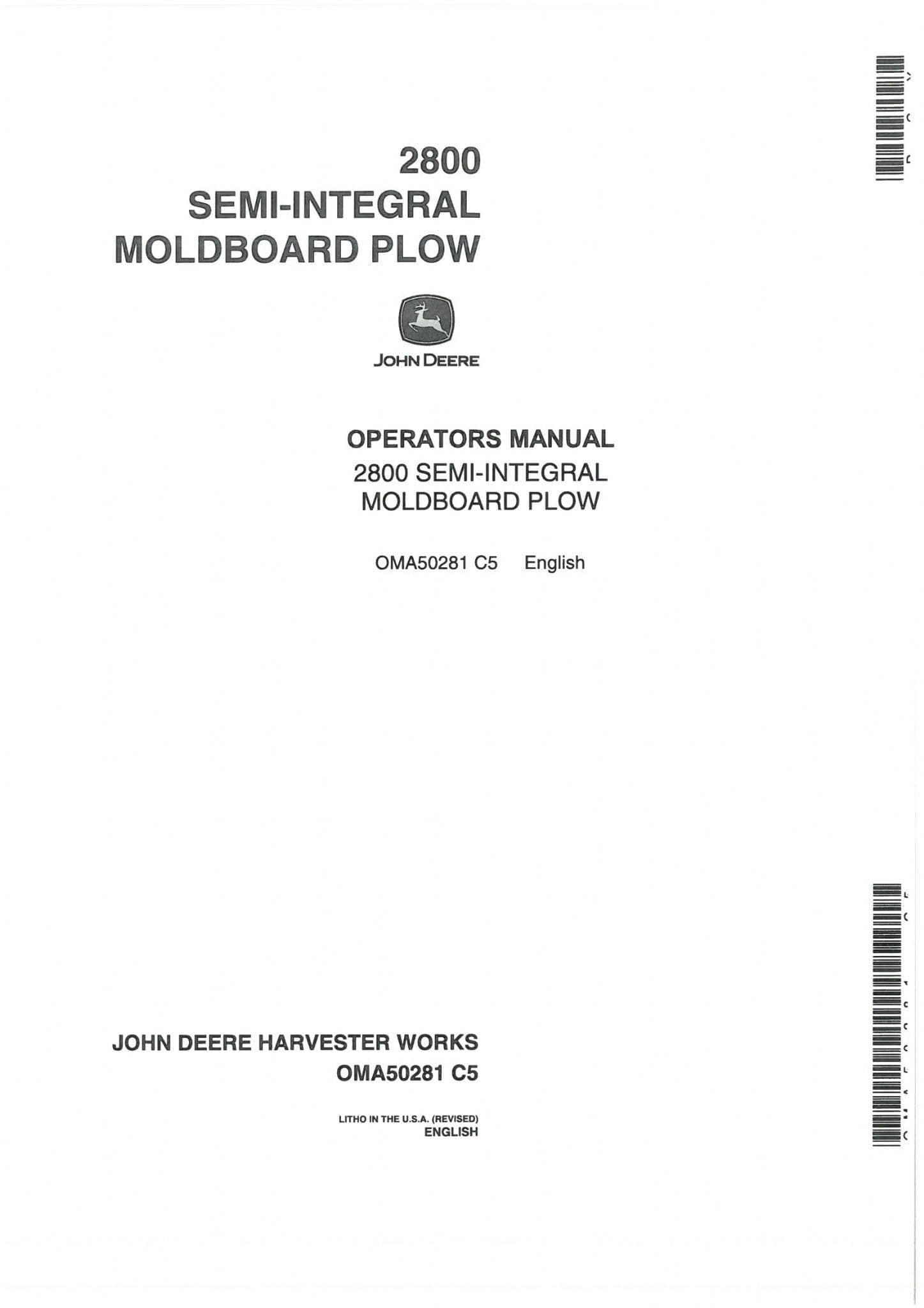 John Deere Semi-Integral Moldboard Plow 2800 Operators Manual