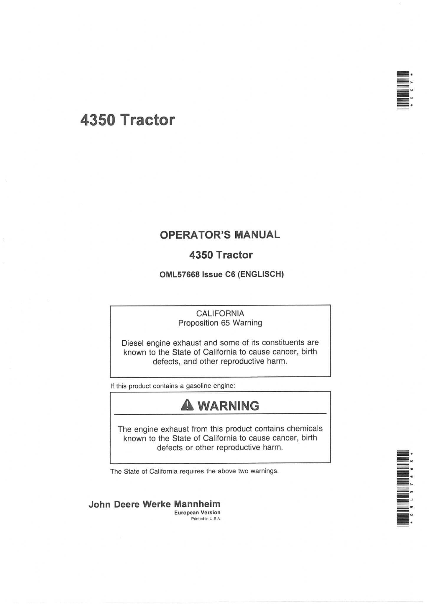 John Deere Tractor 4350 Operators Manual