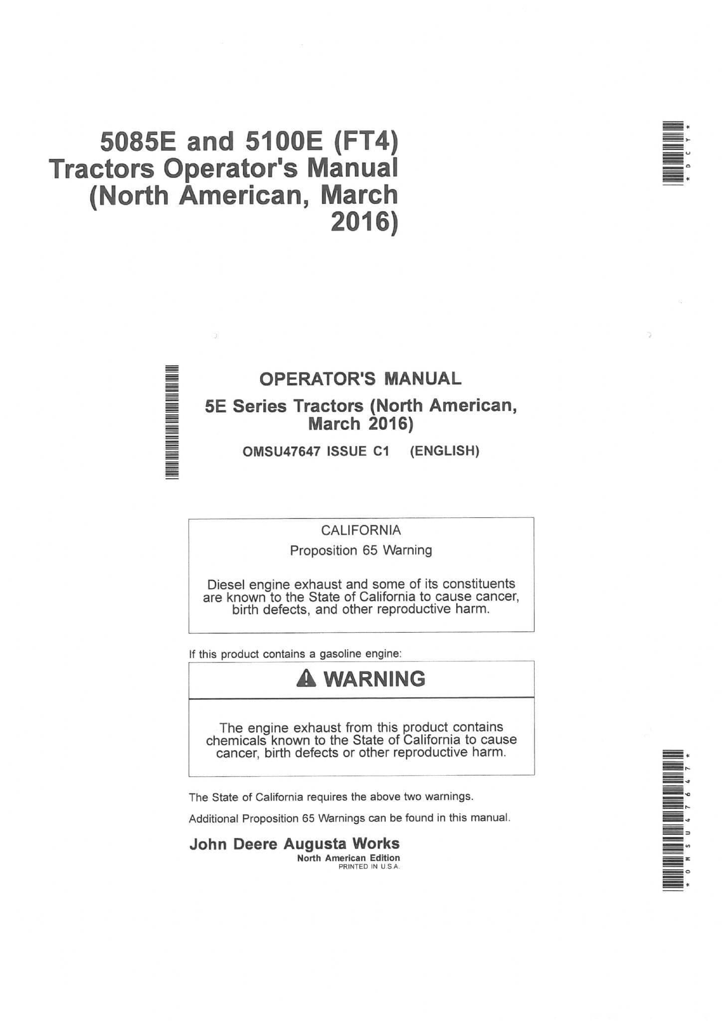 John Deere Tractor 5085E & 5100E North American Edition Operators Manual