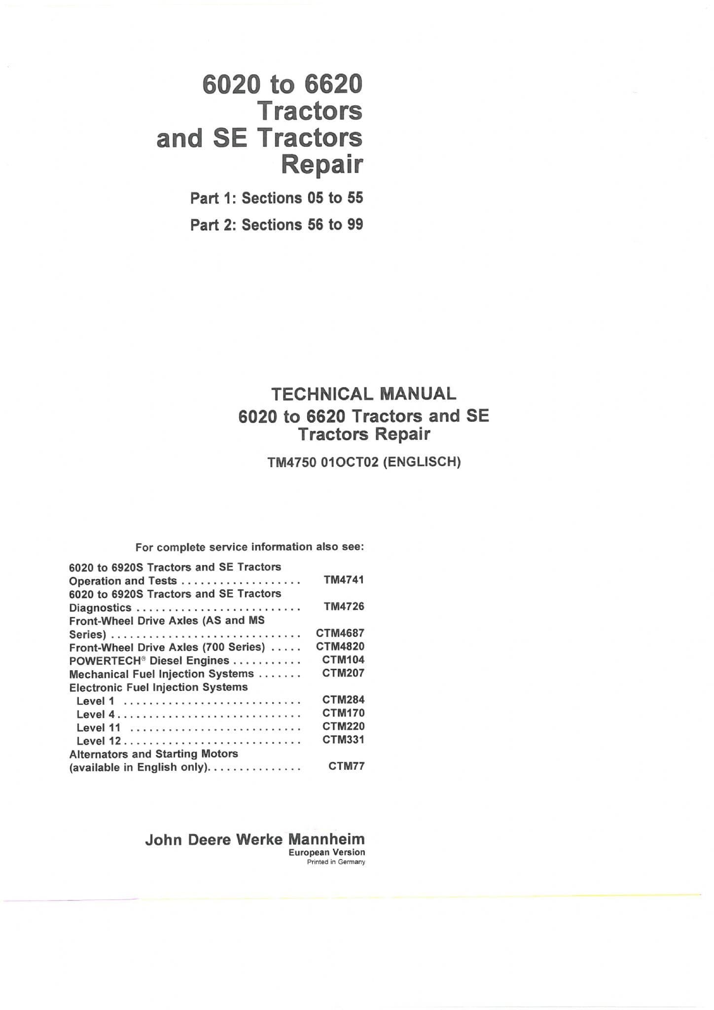 John Deere Tractor  6020 6120 6220 6320 6420 6420S 6520 6620 6020SE 6120SE 6520SE Workshop  Manual
