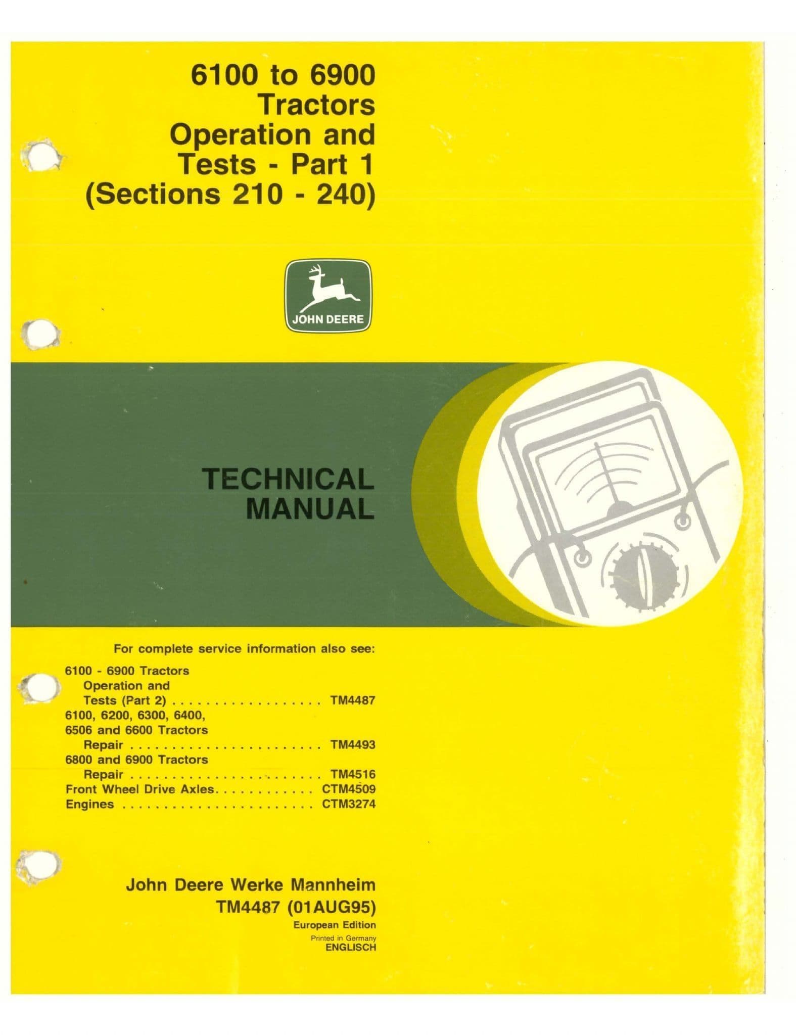 John Deere Tractor 6100 6200 6300 6400 6506 6600 6800 6900 Operation & Test (TM4487) Shop Manual