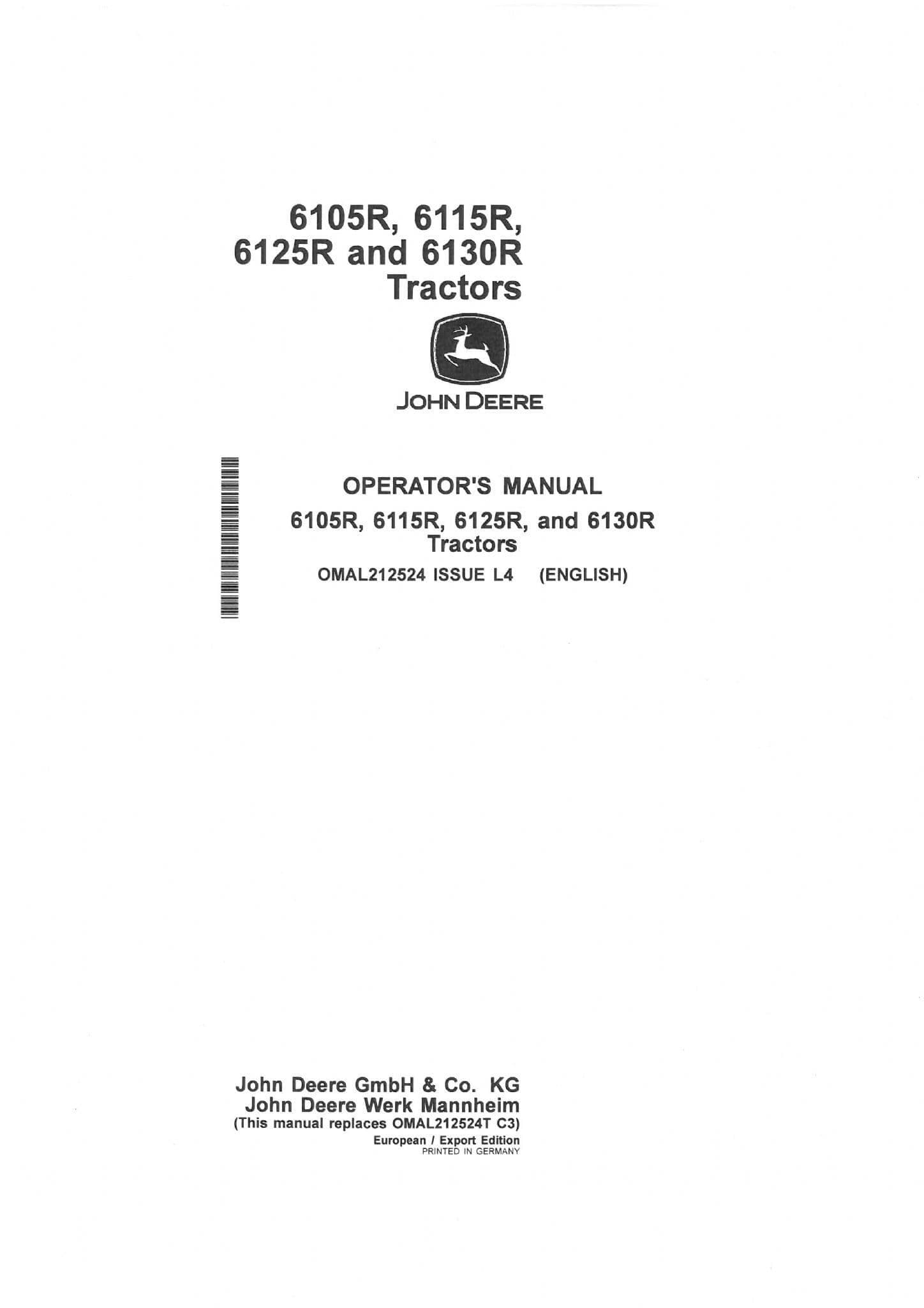 John Deere Tractor 6105R 6115R 6125R & 6130R Operators Manual