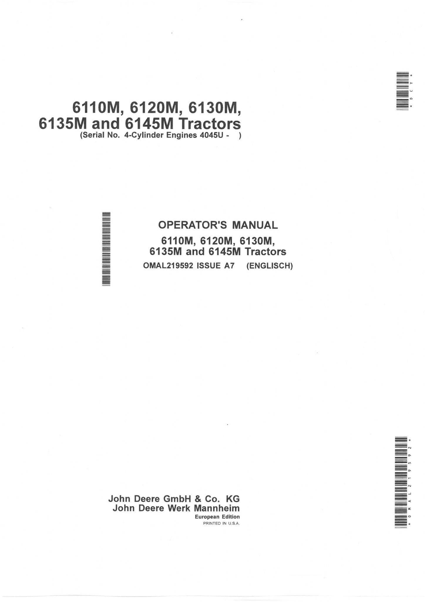 John Deere Tractor 6110M 6120M 6130M 6135M & 6145M Operators Manual
