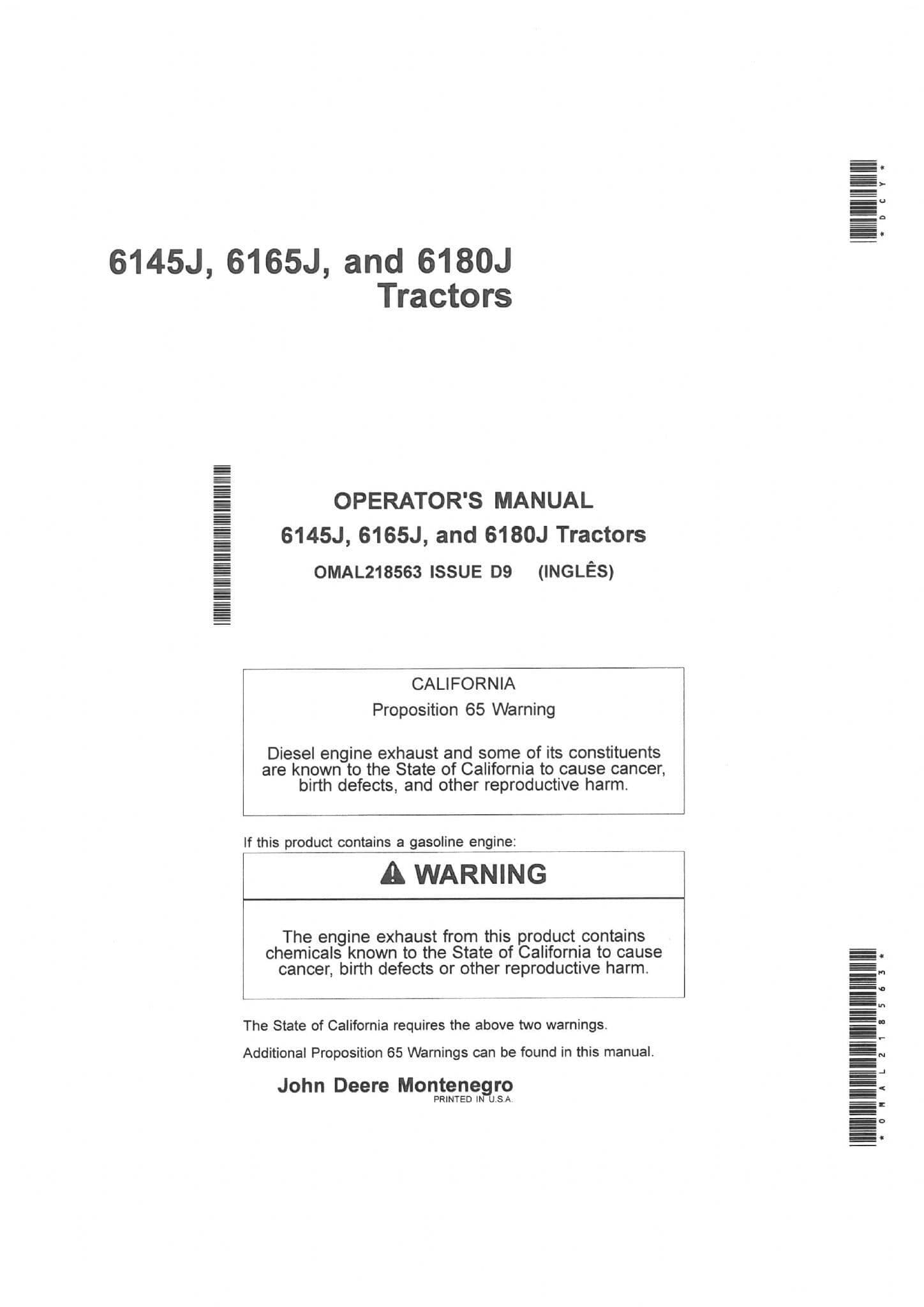 John Deere Tractor 6145J 6165J 6180J Operators Manual