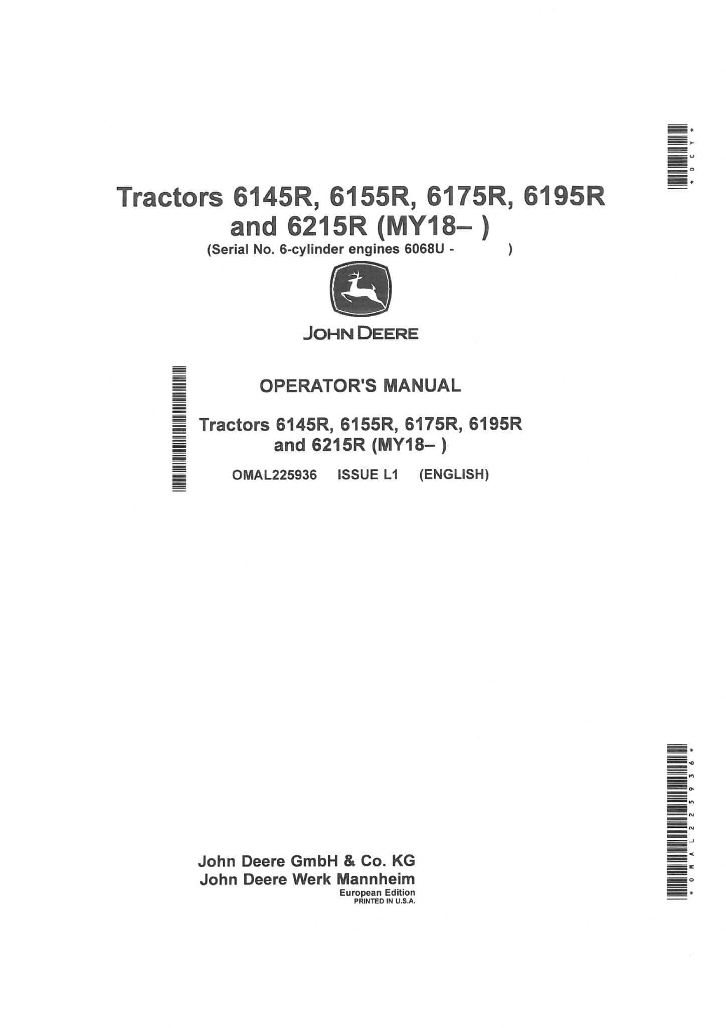 John Deere Tractor 6145R 615R 6175R 6195R 6215R Operators Manual