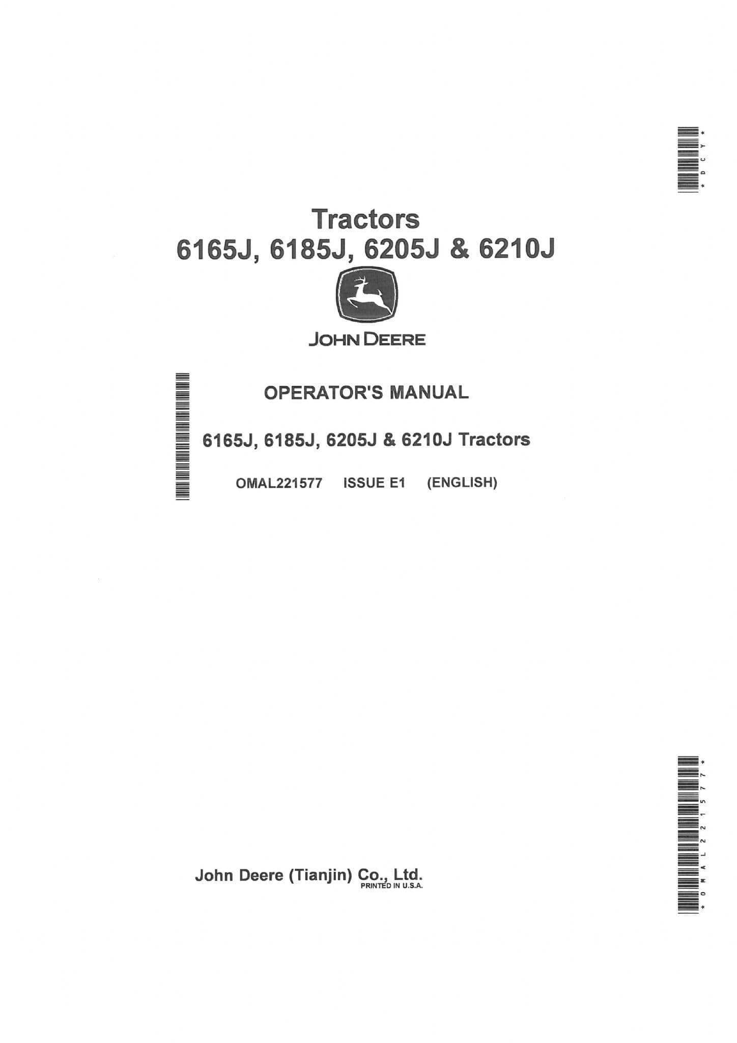 John Deere Tractor 6165J 6185J 6205J 6210J Operators Manual