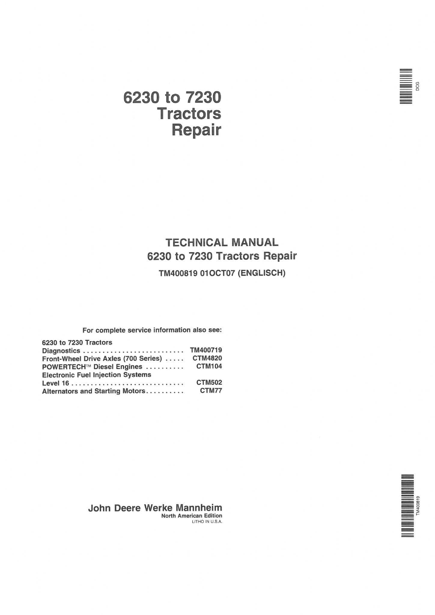 John Deere Tractor 6230 6330 6430 7130 7230 Workshop Repair Manual TM400819