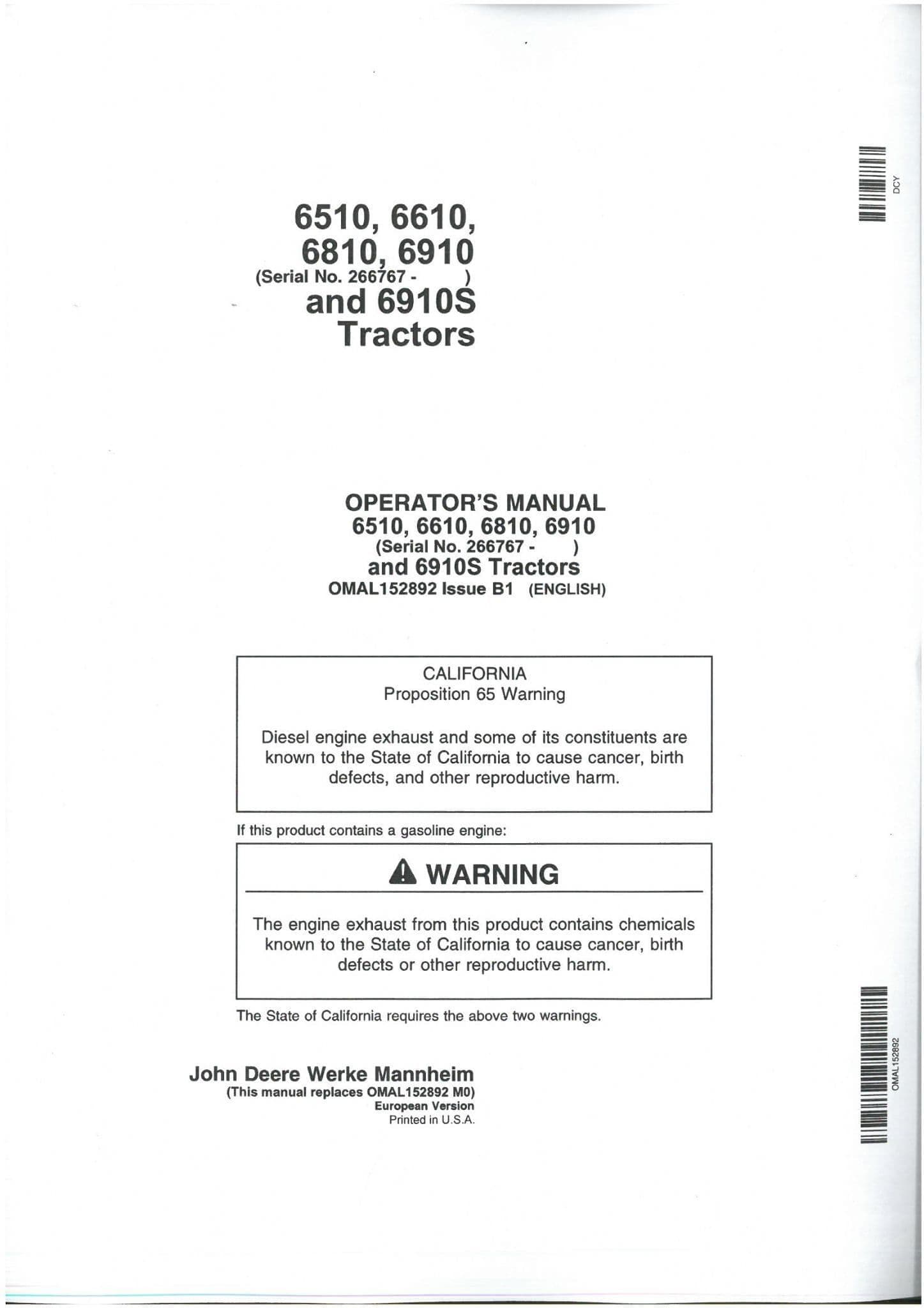 John Deere Tractor 6510, 6610, 6810,  6910, 6910S Operators Manual