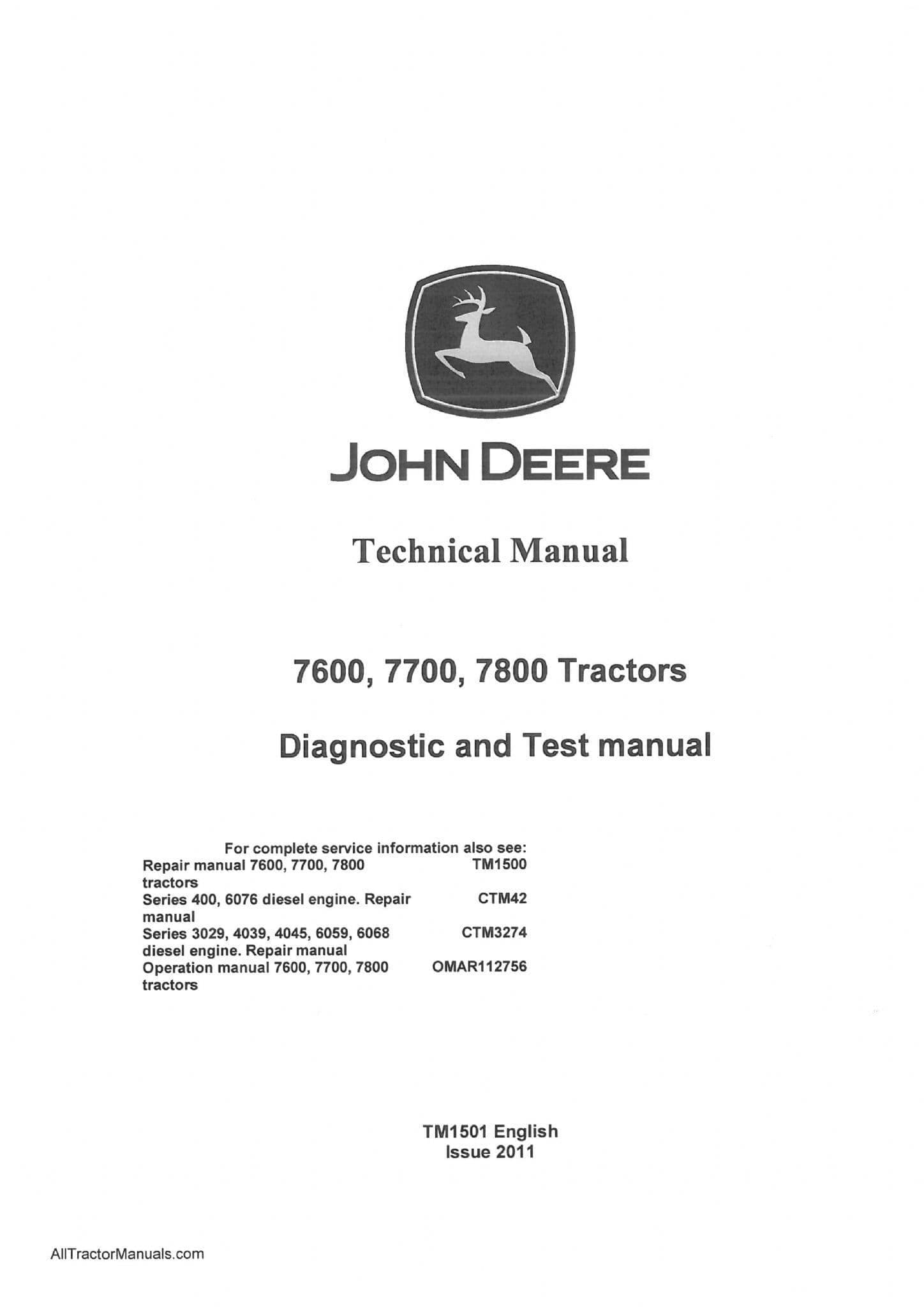 John Deere Tractor 7600 7700 7800 Diagnostic & Test Service Workshop Manual