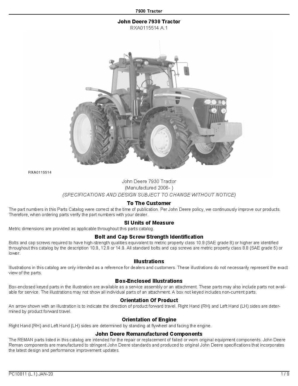 John Deere  Tractor 7930 Parts Manual