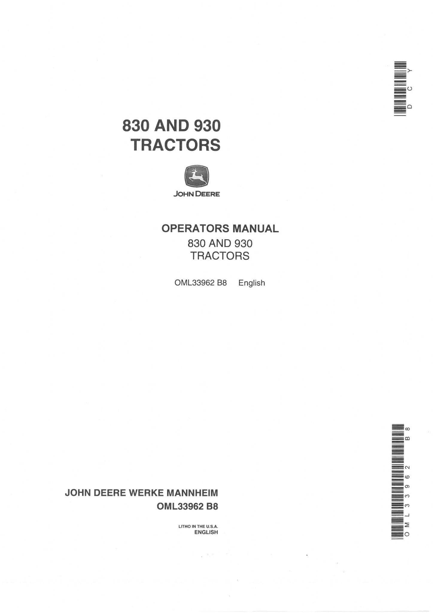 John Deere Tractor 830 & 930 Operators Manual