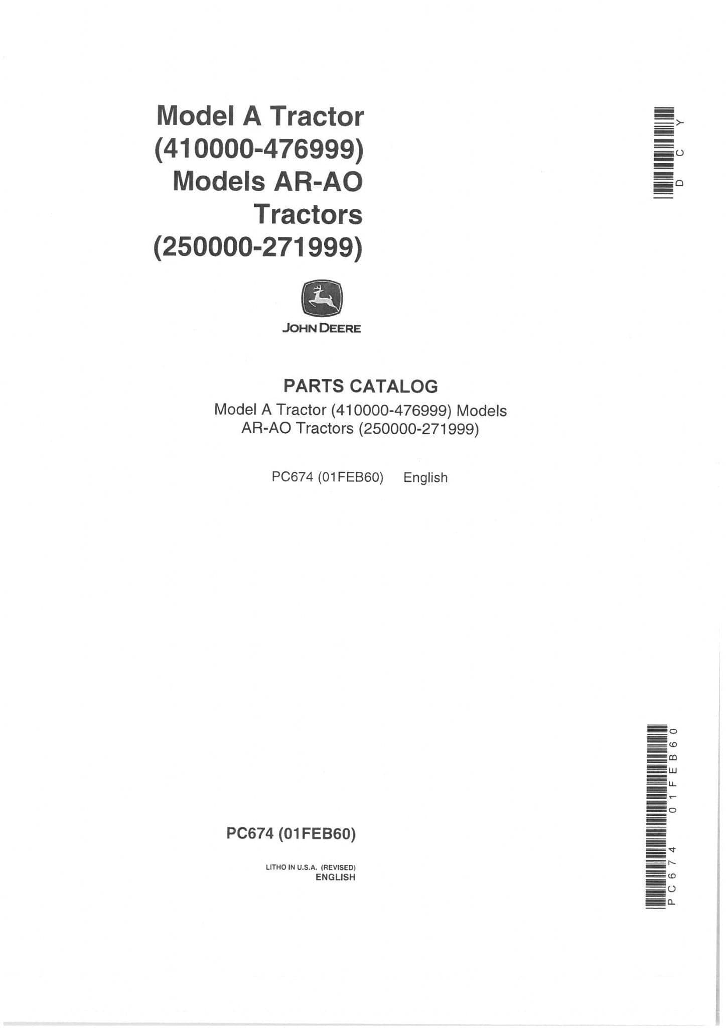 John Deere  Tractor AN AO AR AW ANH & A Parts Manual