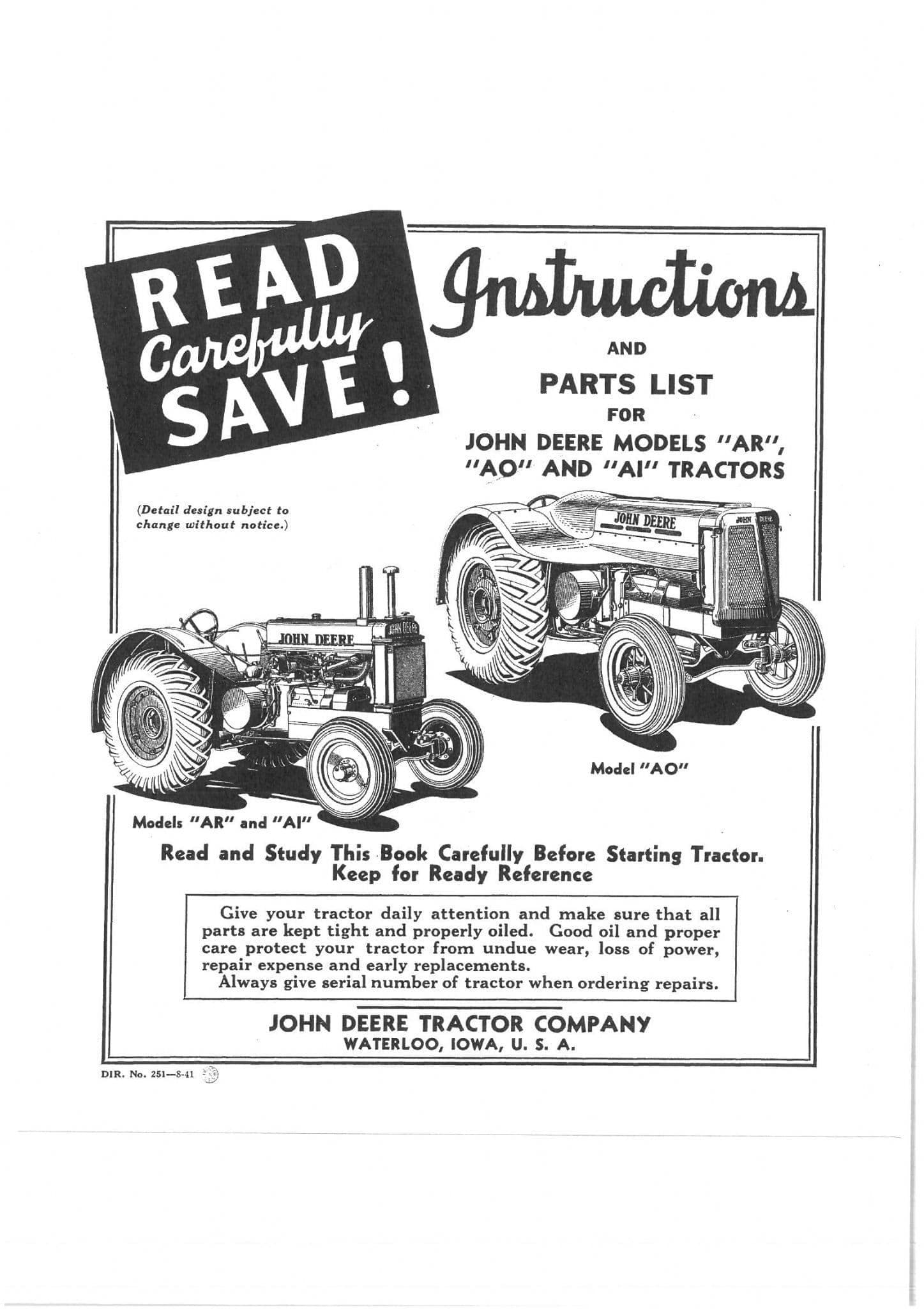 John Deere Tractor AR, AO & AI Operators Manual and Non Illustrated Parts List - Printed 1941