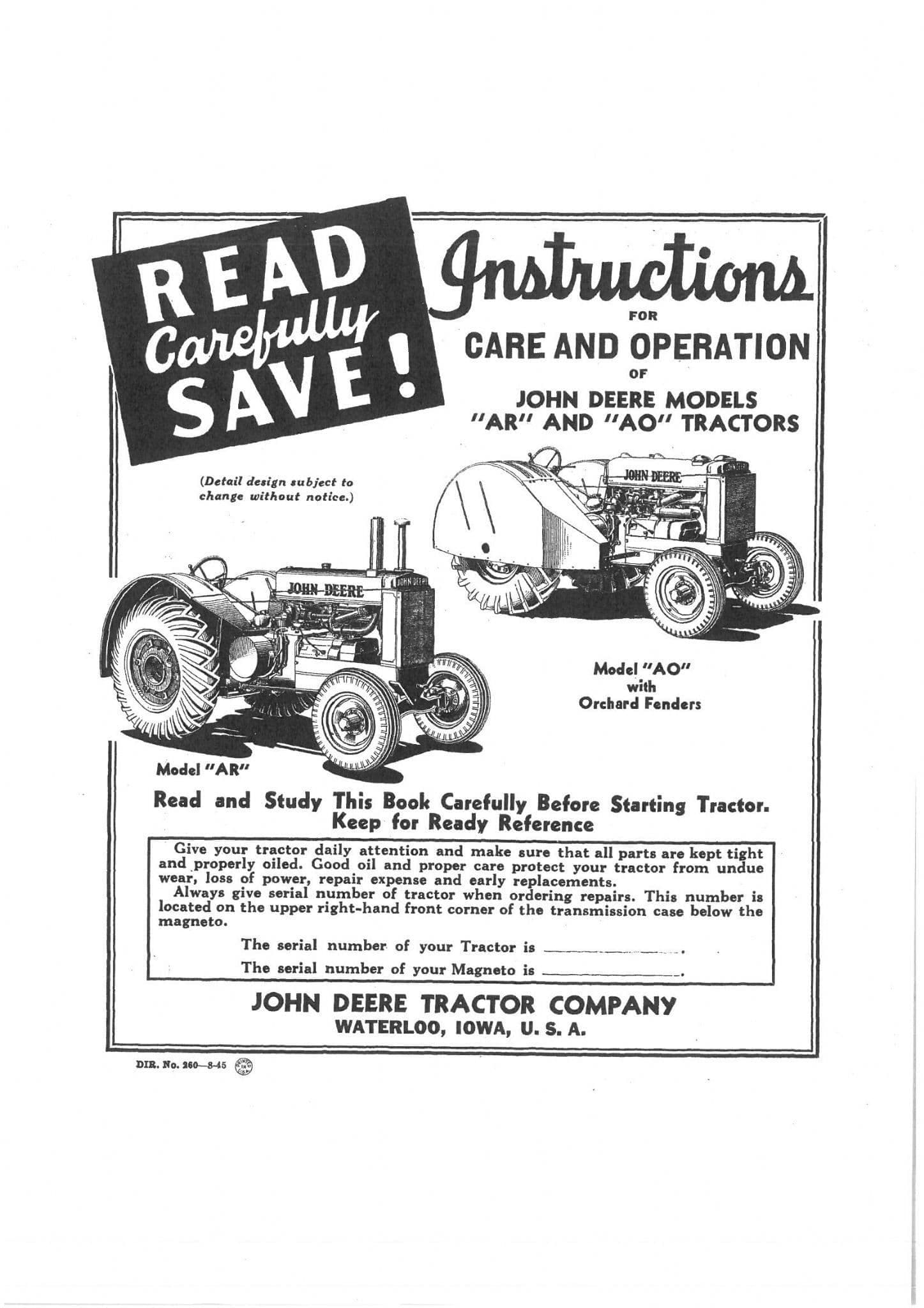 John Deere Tractor AR &  AO Operators Manual and Non Illustrated Parts List Printed 1945