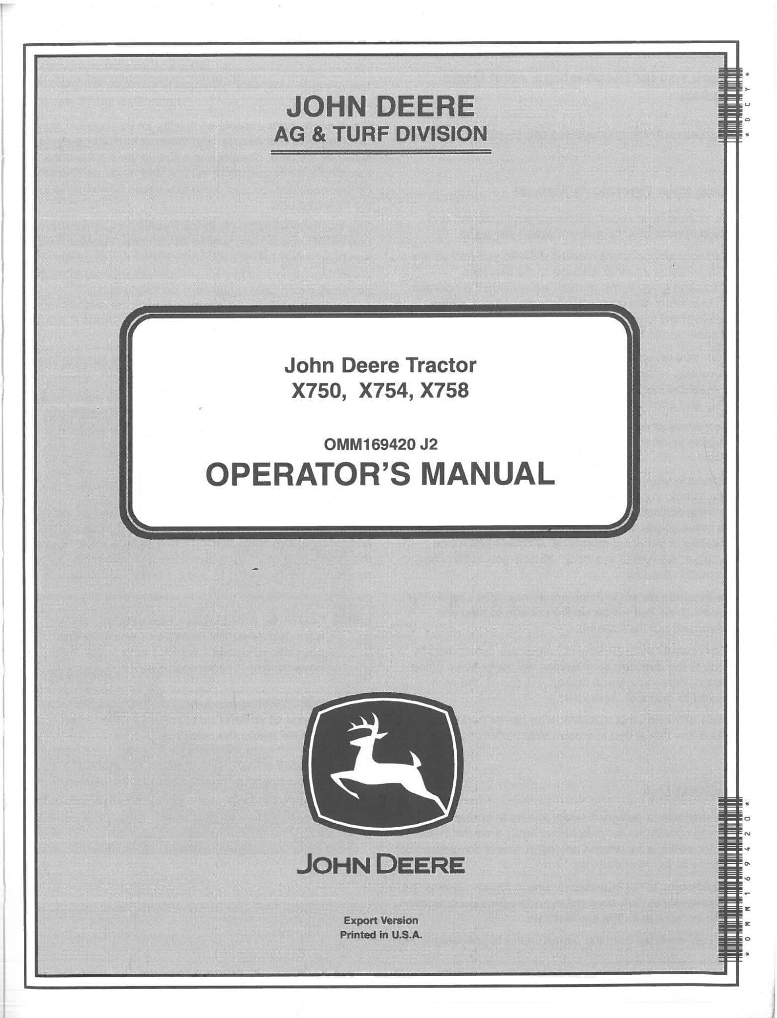 John Deere Tractor X750  X754  X758 Operators Manual