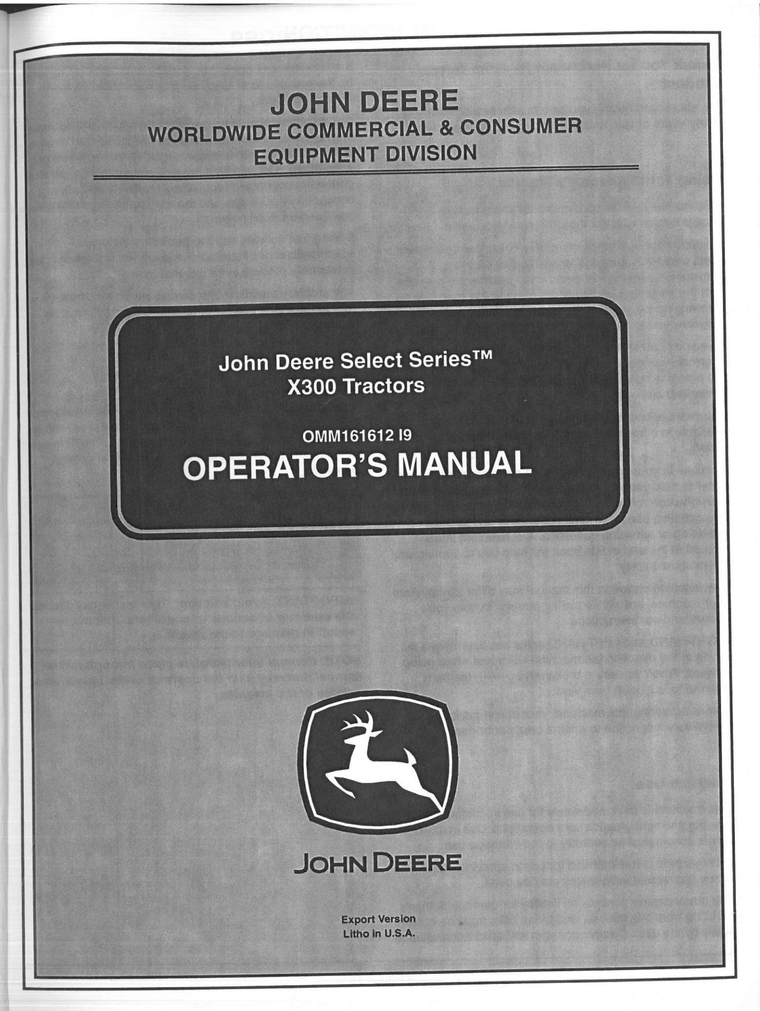 John Deere Tractors Select Series X300 Operators Manual