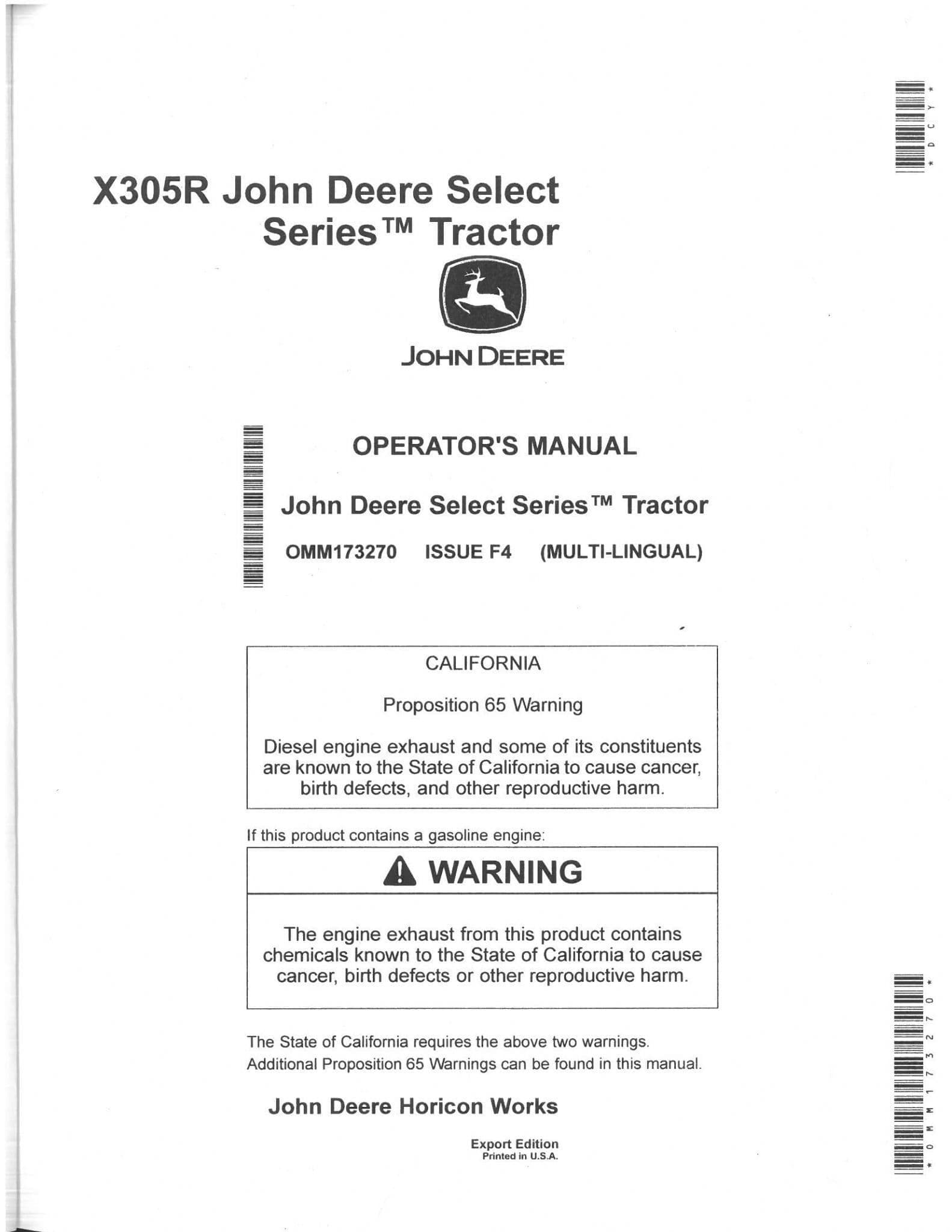 John Deere Tractors Select Series X305R Operators Manual