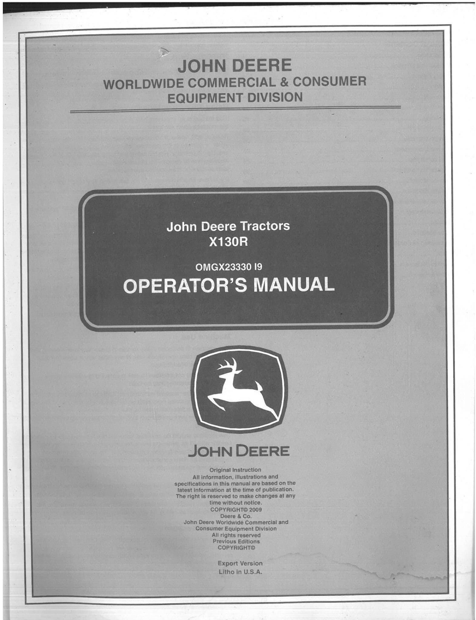 John Deere Tractors X130R Operators Manual - English Only