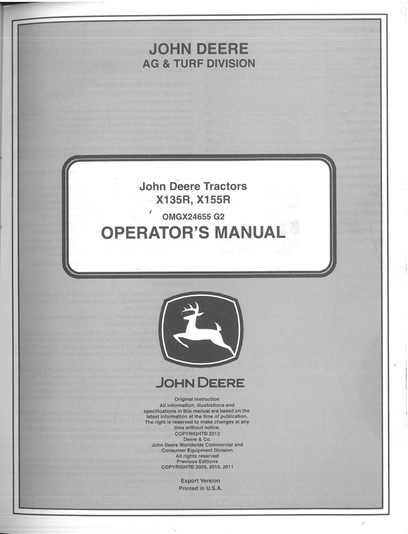 John Deere Tractors X135R X155R Operators Manual