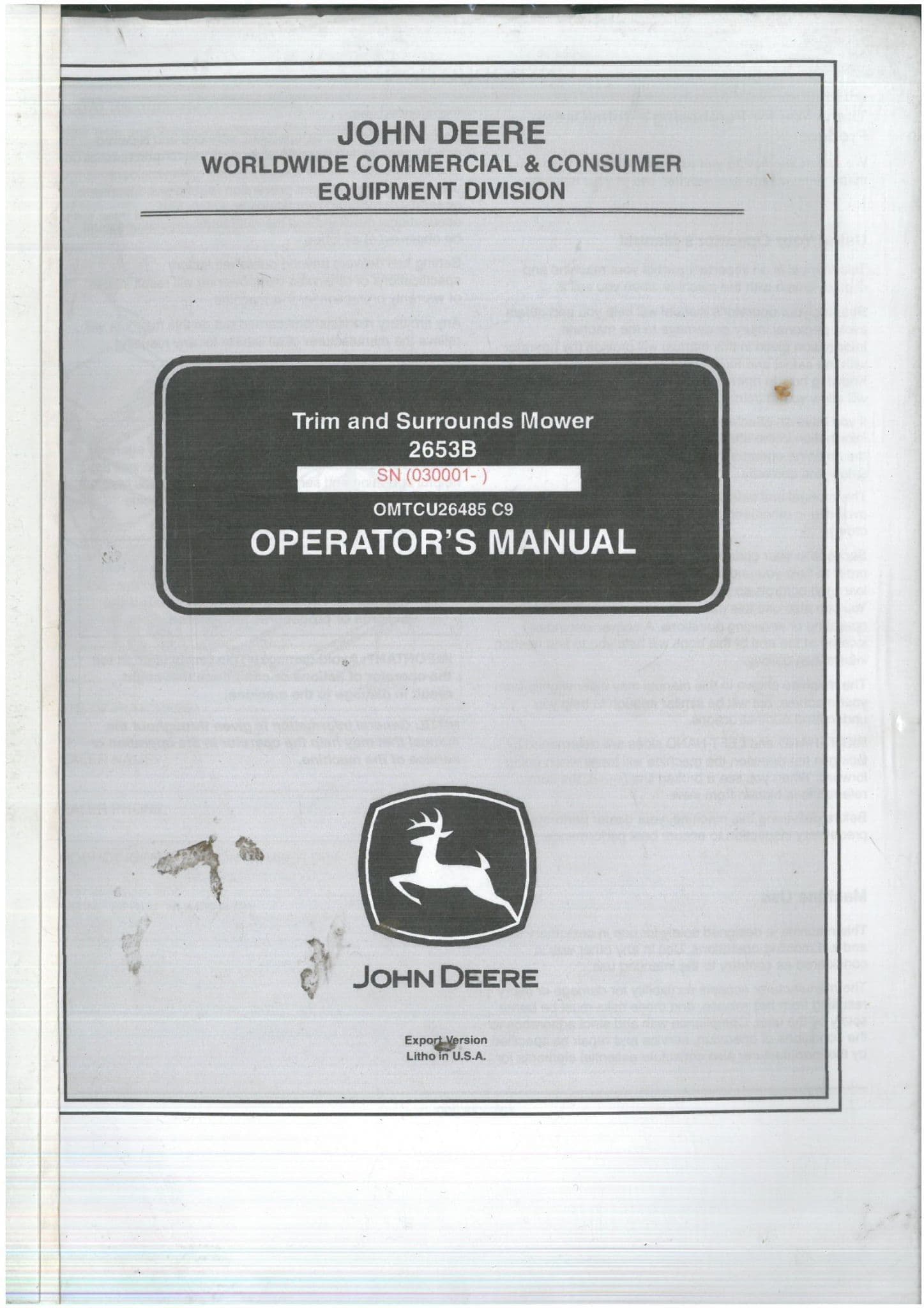 John Deere  Trim & Surrounds Mower 2653B Operators Manual